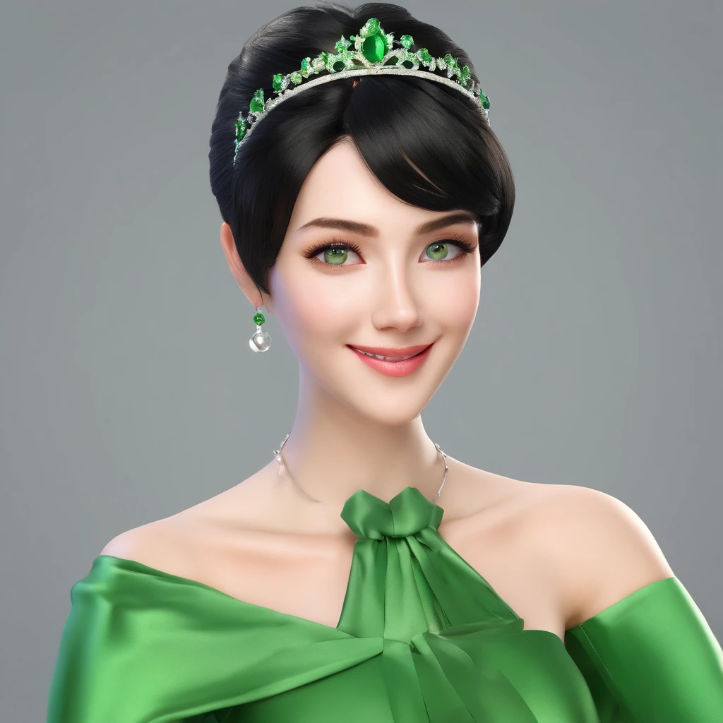 emerald tiara, Green Pearl Necklace, Boyish very short black hair, lipsticks, Japan woman smiling, Long green gloves made of satin material, very short short hair, Guts Pose, Green eyes, big breasts beautiful, Green Pearl Necklace, Green dress