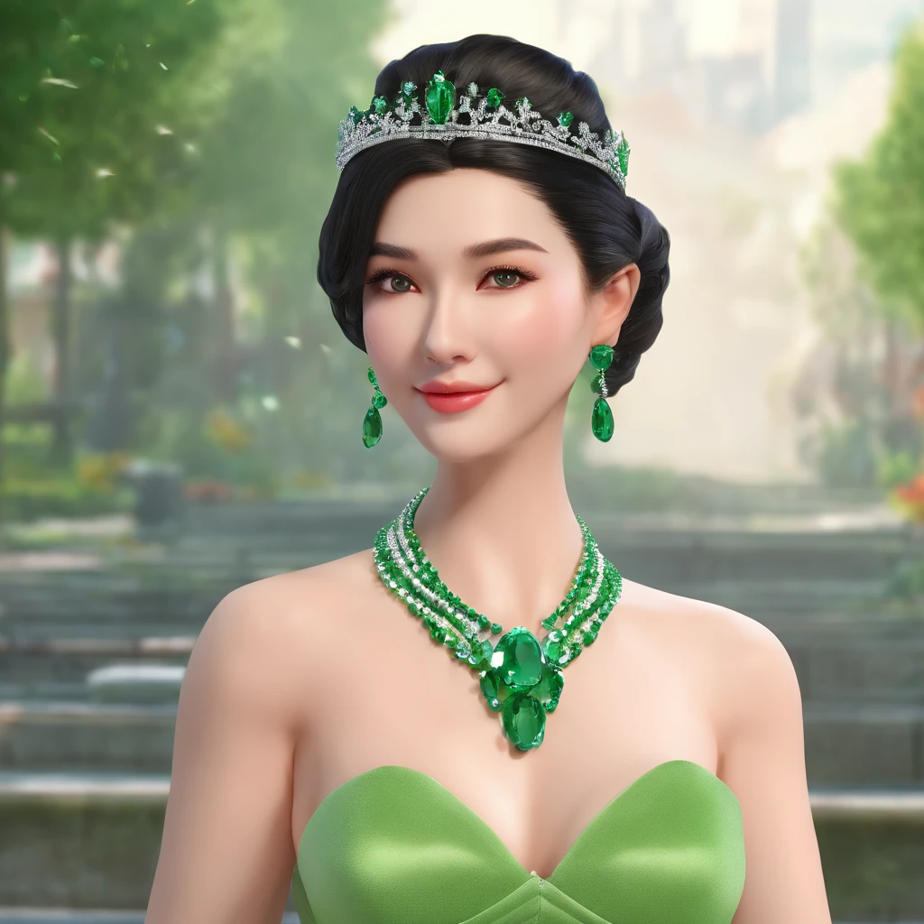 emerald tiara, Green Pearl Necklace, Boyish very short black hair, lipsticks, Japan woman smiling, Long green gloves made of satin material, very short short hair, Guts Pose, Green eyes, big breasts beautiful,  Green Pearl Necklace, Green dress