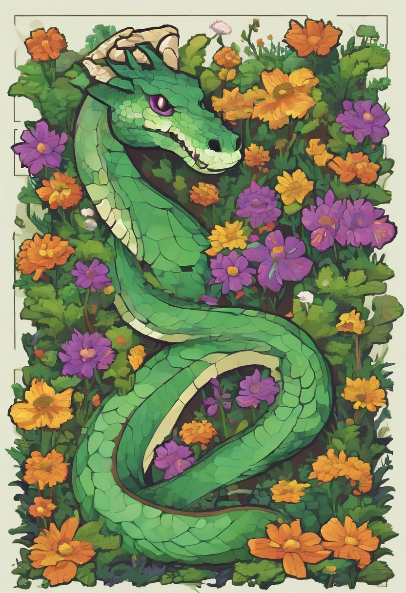 (A long snake dragon with natural elements on its body:1.3),(The back is covered with green grass and colorful wildflowers:1.3),(A purple spore mist surrounds the body:1.2),(There are layered bone carapaces,Protects the soft tissues of the body:1.3),(//Poor green skin,Off-white flesh and blood:1.3//),It's a huge monster,(Inspiration refers to the ultimate life force of life force,Crazy growing vines and huge carnivorous plants),Occupy the center of the picture,Break!,Shady woods,Parasitic plants climb up tree trunks,Darker tones,Hang the vine on the branch,