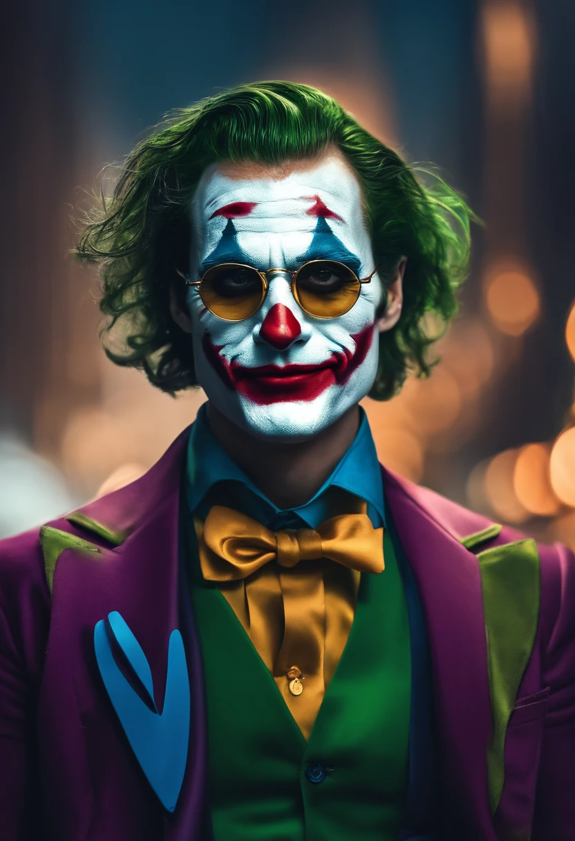 /Joker dans le style omib, illustrateur, Masterpiece, High quality, 8k, high resolucion, High detail, smiley, lunettes de soleil transparentes, Cinematic overlay, Couleurs vives, Soft and cold lighting, Nuit de Chicago, vent soufflant, Style Greg Rutkowki