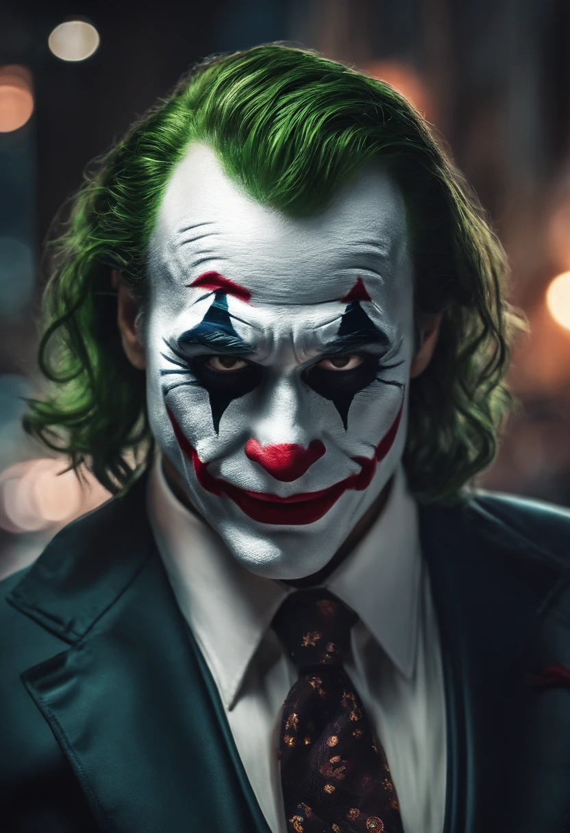 The Joker's face on a black background with the facial features of actor Heath Ledger, focusing on his intense gaze with piercing brown eyes, prominent cheekbones and a pale, thin complexion, with a slight smile on his lips, as if planning his In the next movement, the overall mood is dark and ominous, with subtle touches of gradient shadows on the face, enhancing the ominous atmosphere.
