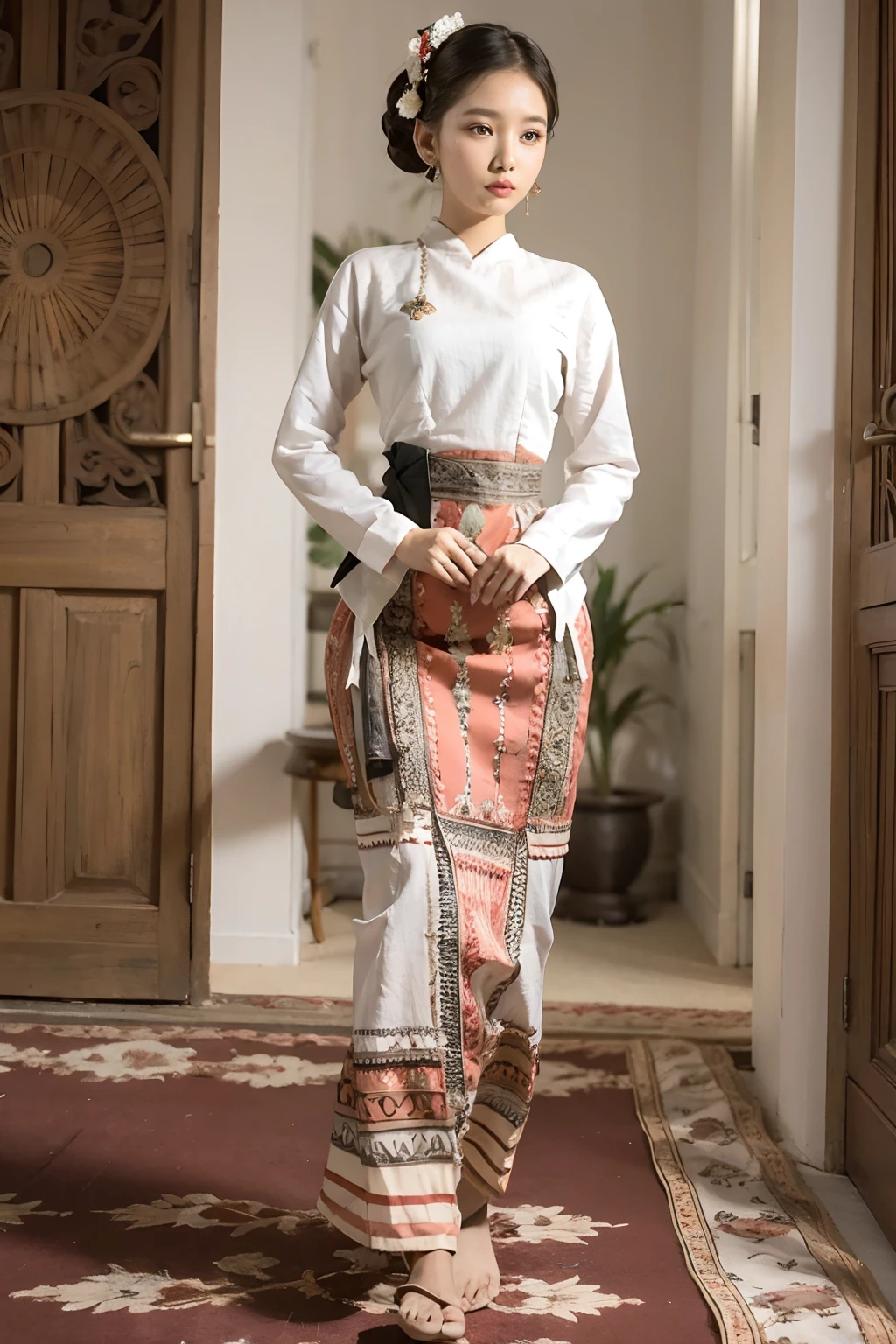 MMTD Burmese patterned traditional dress lady full body details