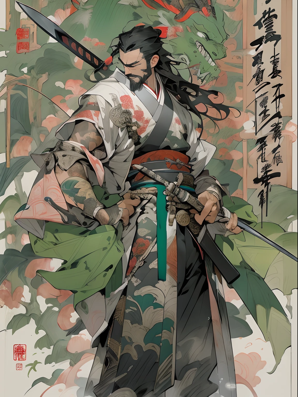 (((China-style,Ink painting method,Half-length portrait,Intense color,Han dynasty, China,Hanfu,Armor,Guan yu,Guan Yunchang,of a guy,Ruddy killing square face,Hold it with your right hand(Close the knife)Qinglong Weir Moon Knife,Stroke your beard with your left hand,Long hair,petty eyes,Green robe))), (((best qualityer))), (((tmasterpiece))), (((AS-Adult))), ((( Japanese ))), Look up from your knees, Handsome Asian samurai,perfect body figure, Modern samurai, ((( Asian))), Wear gloves on your hands,The left arm is made of steel and metal tips,Made of protective devices, The eyes are pulled, (( Appears below the chest )), (( Small dental floss )), Simon Bisley, Almost naked(Simon Bisley)Castle City Wilderness,For high-resolution posters, hair straight, Minimum clothing, armure (Crazy clothes ), Full of tips and rivets, tribal tattoos, (((full bodyesbian))), Straight brunette hair,Colored hair ends