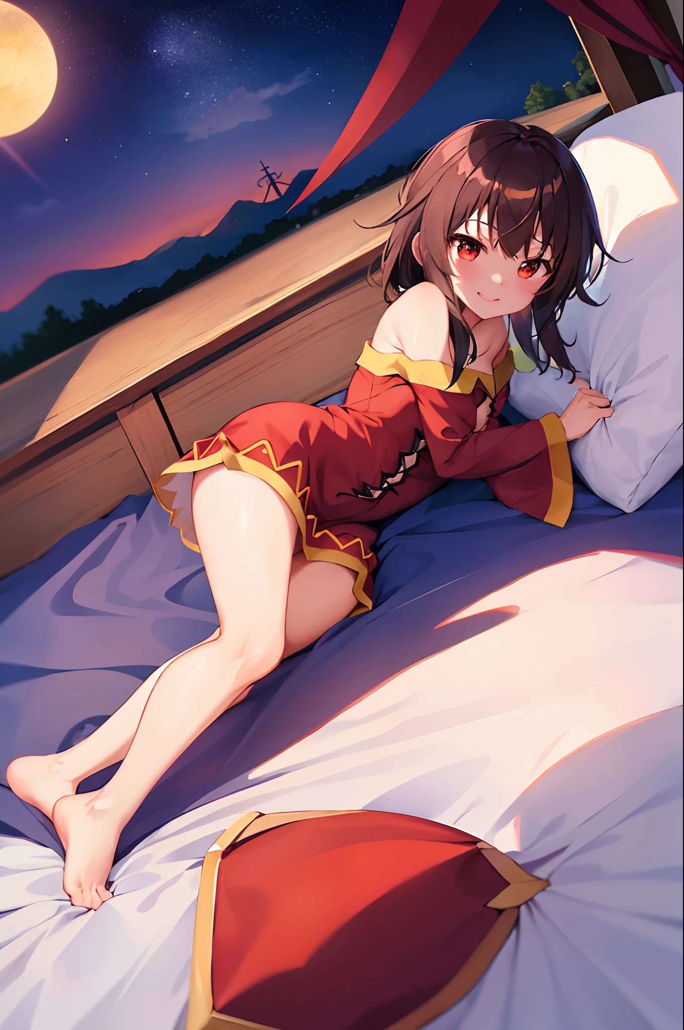 in love, masterpiece, 1girl, megumin's style,((sex)), female, 1boy,penis, moviment, rough, shocked, laying,(megumin),short_hair, (red_eyes),digtal art, blushing, shocked , missionay, bedroom, BREAK dick, bed, huge ,expressive eyes, lewd, puffy, innocent,global illumination, hdri, subsurface scattering, masterpiece, 4k, raytrace, beautiful, sharp, smooth skin, bloom, anime, perfect face, night BREAK (gentle, feminine, delicate)