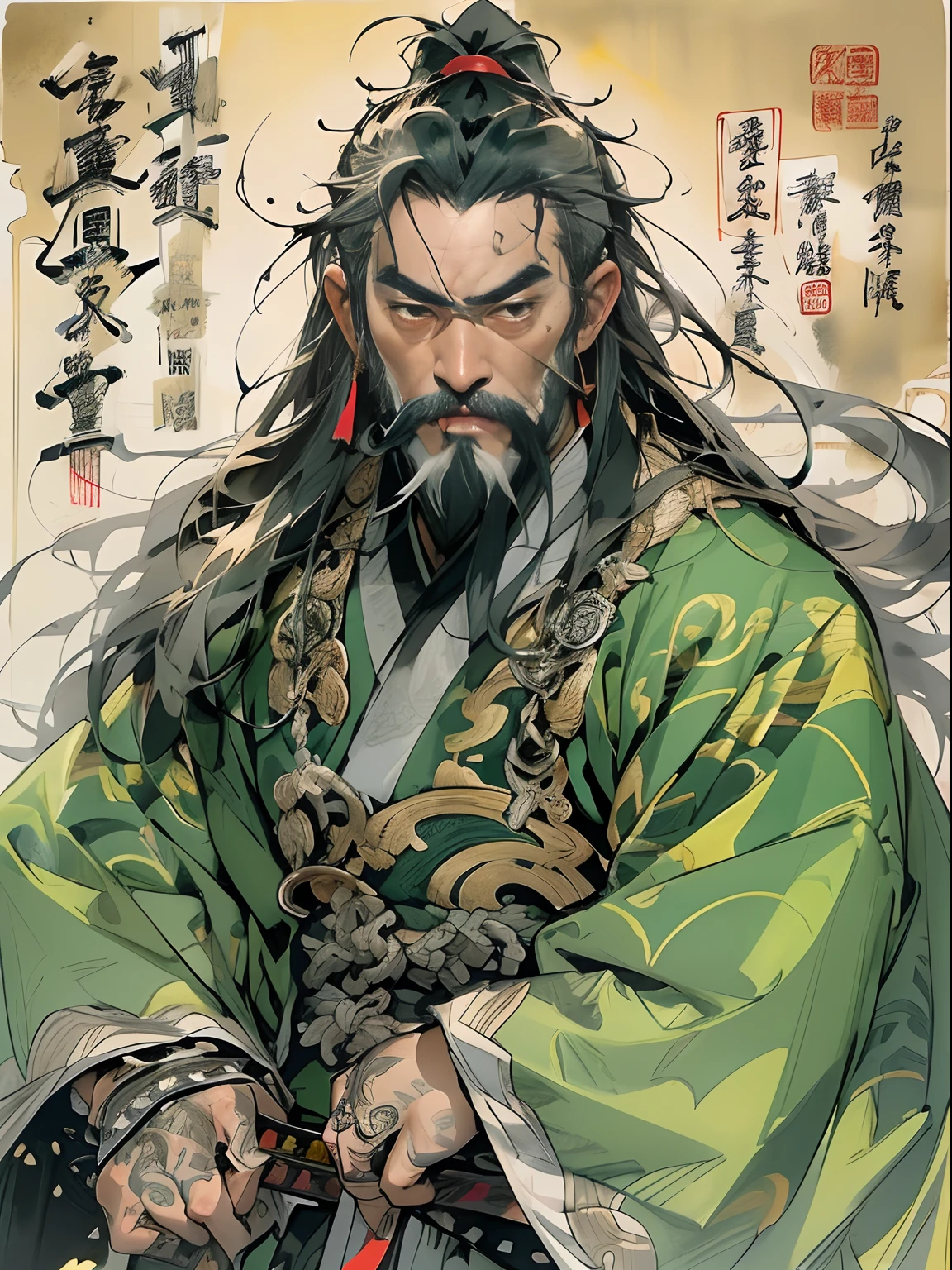 (((China-style，Ink painting method，Half-length portrait，Intense color，Han dynasty, China，Hanfu，Armor，Guan yu，Guan Yunchang，of a guy，Ruddy killing square face，Hold it with your right hand(Close the knife)Qinglong Weir Moon Knife，Stroke your beard with your left hand，Long hair，petty eyes，Green robe))), (((best qualityer))), (((tmasterpiece))), (((AS-Adult))), ((( Japanese ))), Look up from your knees, Handsome Asian samurai，perfect body figure, Modern samurai, ((( Asian))), Wear gloves on your hands，The left arm is made of steel and metal tips，Made of protective devices, The eyes are pulled, (( Appears below the chest )), (( Small dental floss )), Simon Bisley, Almost naked（Simon Bisley）Castle City Wilderness，For high-resolution posters, hair straight, Minimum clothing, armure (Crazy clothes ), Full of tips and rivets, tribal tattoos, (((full bodyesbian))), Straight brunette hair，Colored hair ends