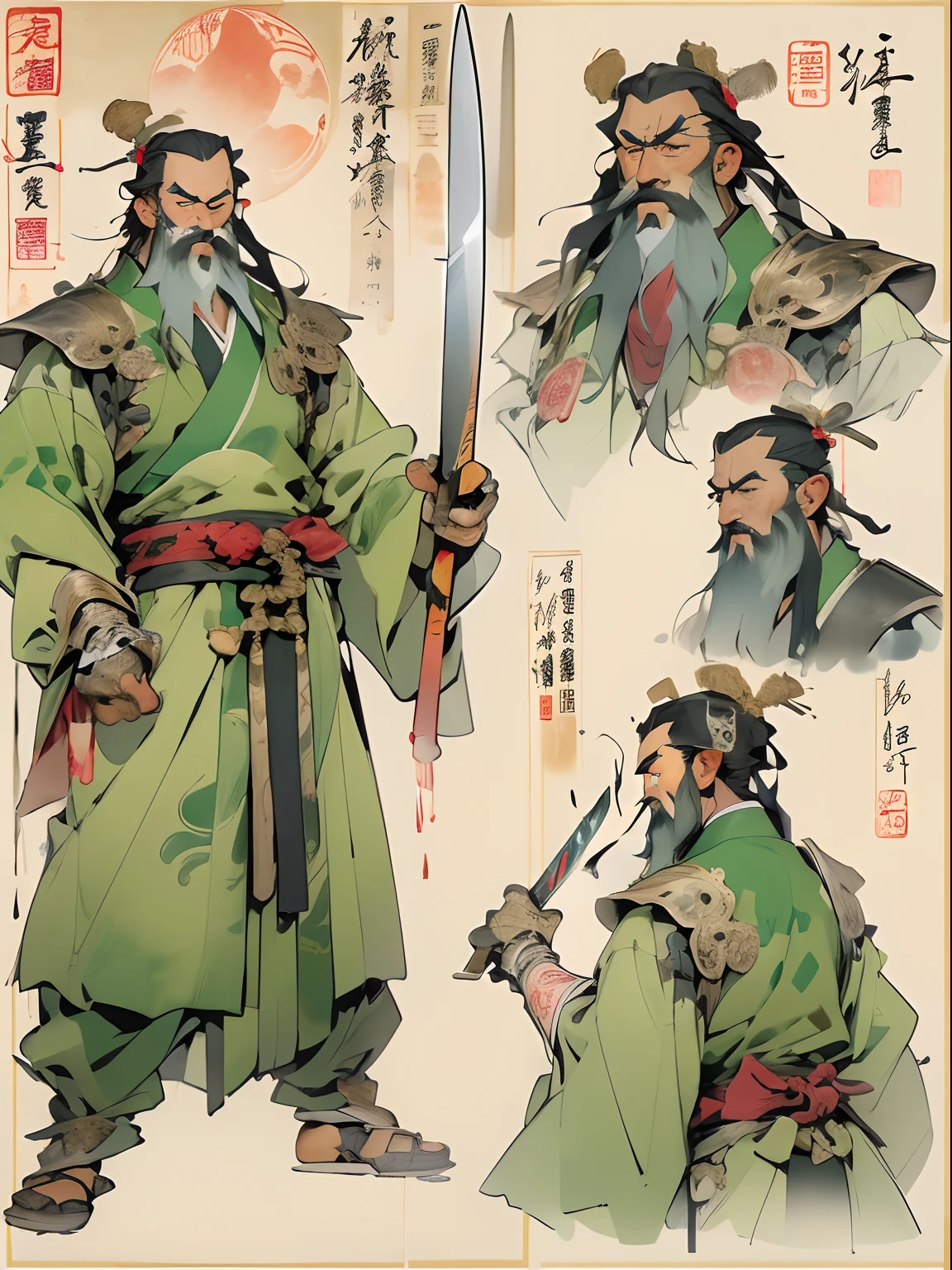 (((China-style,Ink painting method,Half-length portrait,Intense color,Han dynasty, China,Hanfu,Armor,Guan yu,Guan Yunchang,of a guy,Ruddy killing square face,Hold it with your right hand(Close the knife)Qinglong Weir Moon Knife,Stroke your beard with your left hand,Long hair,petty eyes,Green robe))), (((best qualityer))), (((tmasterpiece))), (((AS-Adult))), ((( Japanese ))), Look up from your knees, Handsome Asian samurai,perfect body figure, Modern samurai, ((( Asian))), Wear gloves on your hands,The left arm is made of steel and metal tips,Made of protective devices, The eyes are pulled, (( Appears below the chest )), (( Small dental floss )), Simon Bisley, Almost naked(Simon Bisley)Castle City Wilderness,For high-resolution posters, hair straight, Minimum clothing, armure (Crazy clothes ), Full of tips and rivets, tribal tattoos, (((full bodyesbian))), Straight brunette hair,Colored hair ends
