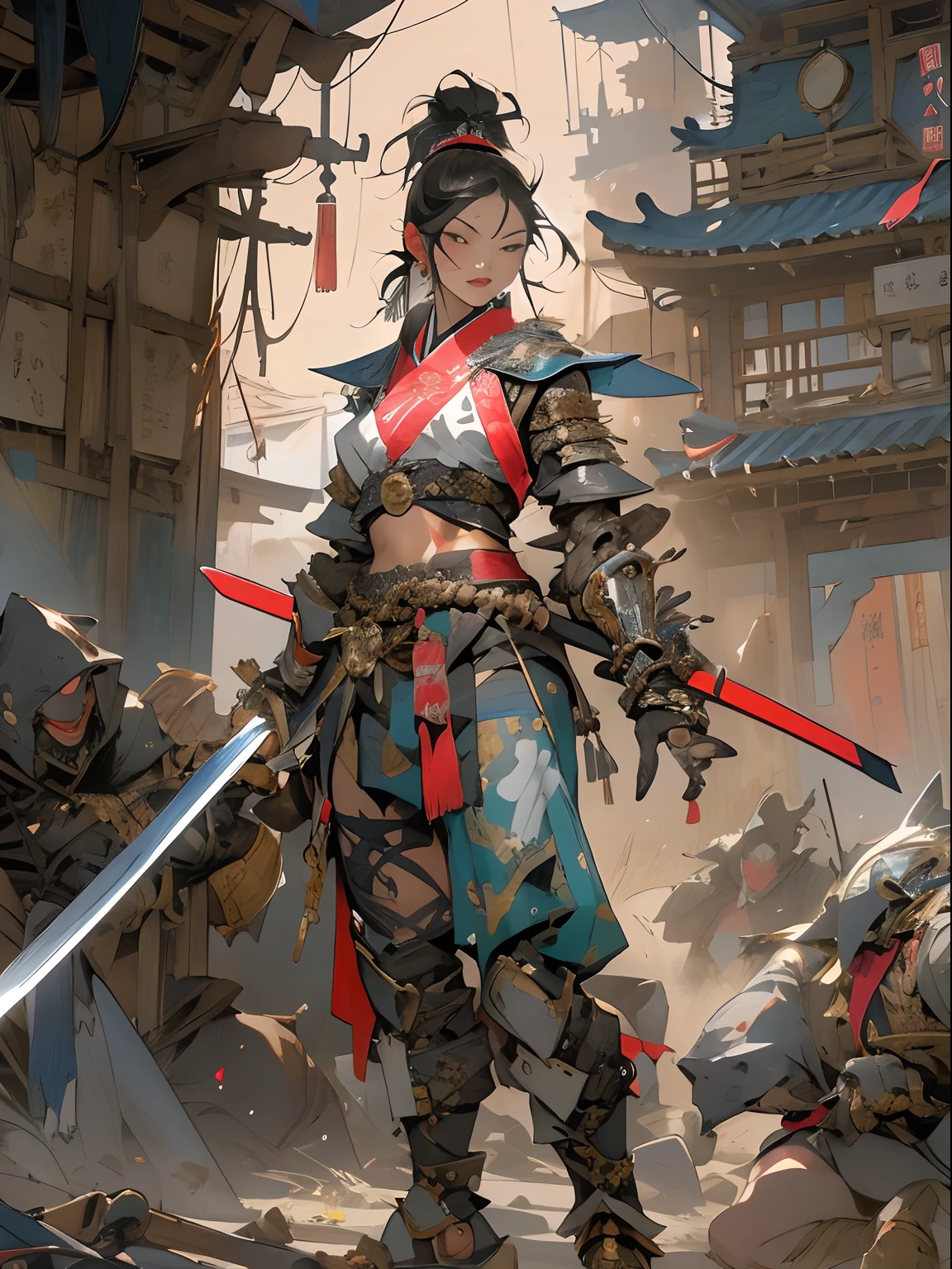(((woman))), (((best qualityer))), (((tmasterpiece))), (((AS-Adult))), ((( Japanese ))), Look up from your knees, A beautiful asian samurai woman with perfect body, Modern samurai, ((( Asian))), Wear gloves on your hands,The left arm is made of steel and metal tips,Made of protective devices, The eyes are pulled, (( Appears below the breast )), (( Small dental floss )), Simon Bisley, Almost naked(Simon Bisley)Castle City Wilderness,For high-resolution posters, hair straight, Minimum clothing, armure (Crazy clothes ), Full of tips and rivets, tribal tattoos, (((full bodyesbian))), Straight brunette hair,Colored hair ends