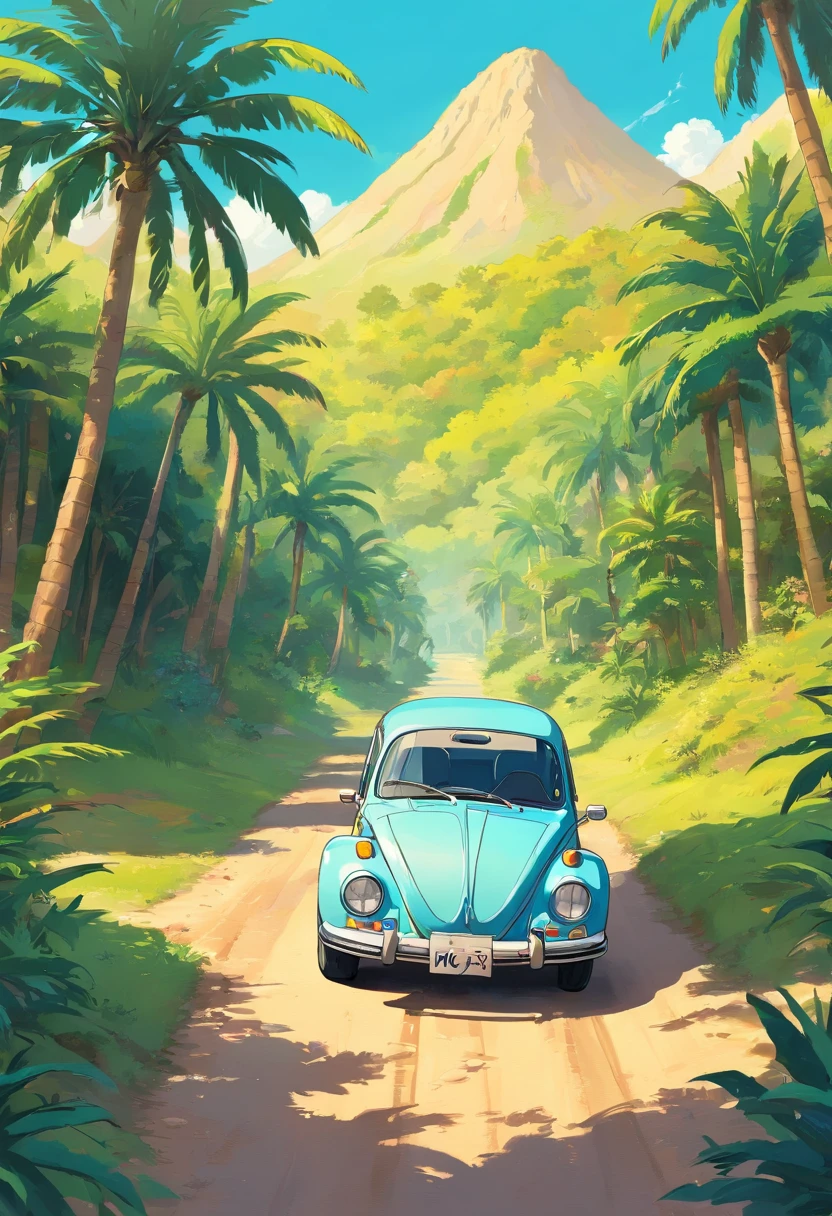 1979 Volkswagen Sedan parked on a dirt road near palm trees, Beautiful retro art, in digital illustration style, Stunning art style, Stylized digital illustration, Detailed digital illustration, Digital cartoon painting art, Retro art style, Detailed vectorart , retro illustration, --ar 9:16
