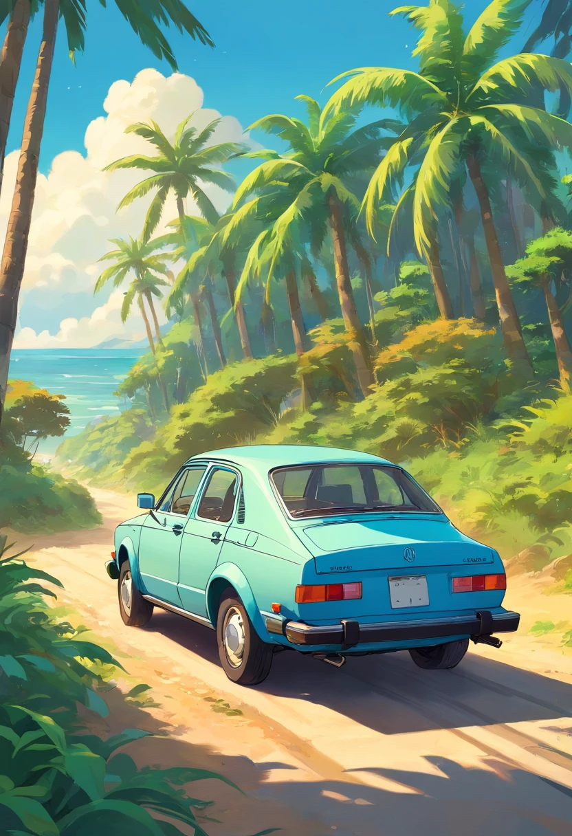 1979 Volkswagen Sedan parked on a dirt road near palm trees, Beautiful retro art, in digital illustration style, Stunning art style, Stylized digital illustration, Detailed digital illustration, Digital cartoon painting art, Retro art style, Detailed vectorart , retro illustration, --ar 9:16