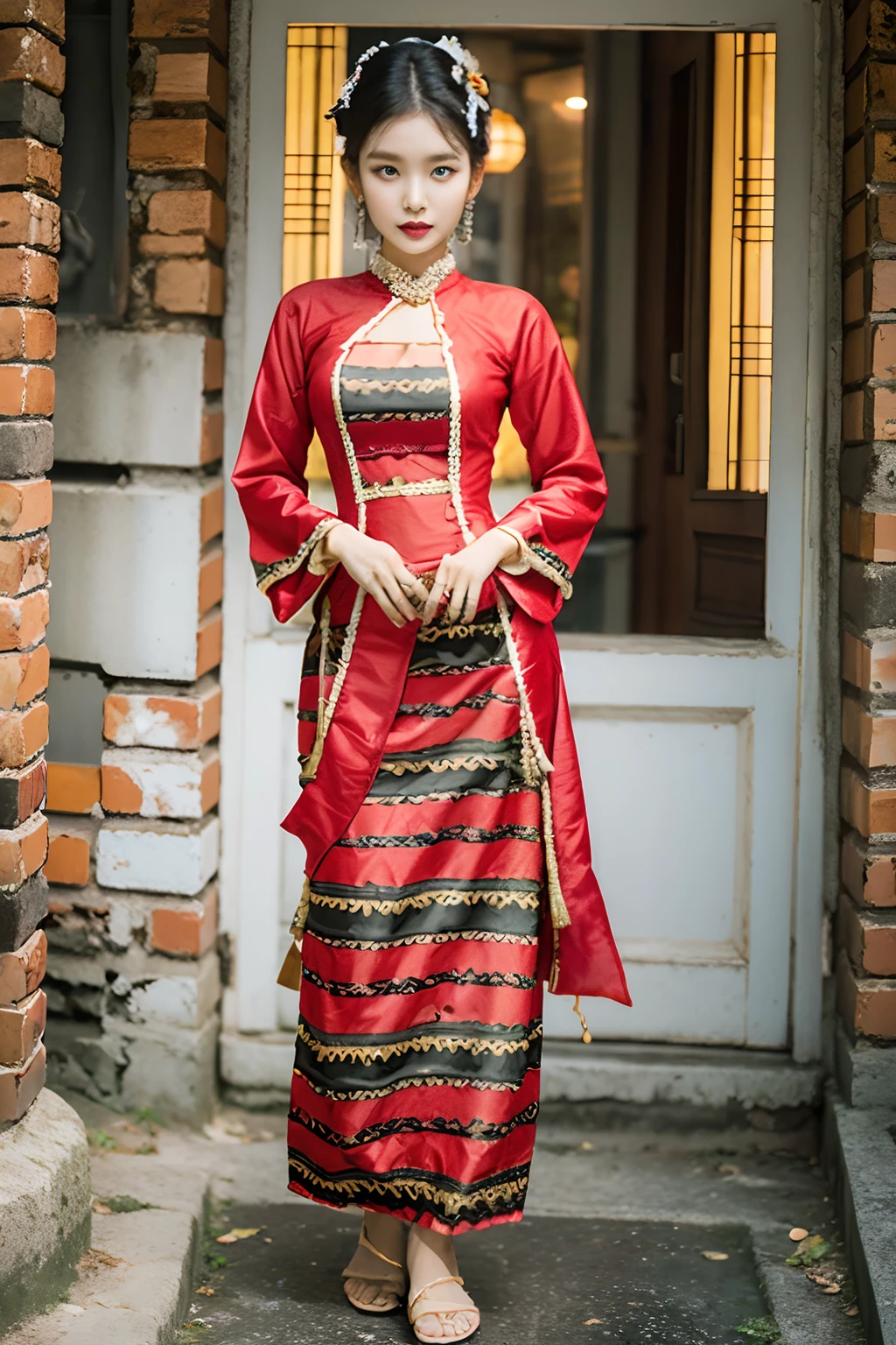 MMTD Burmese patterned traditional dress lady full body details