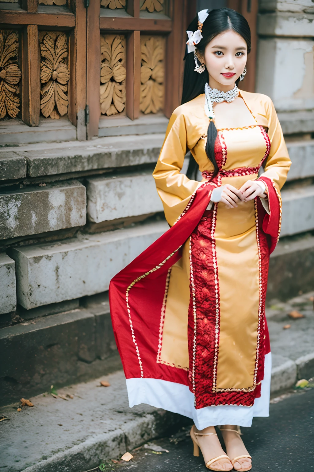 MMTD Burmese patterned traditional dress lady full body details