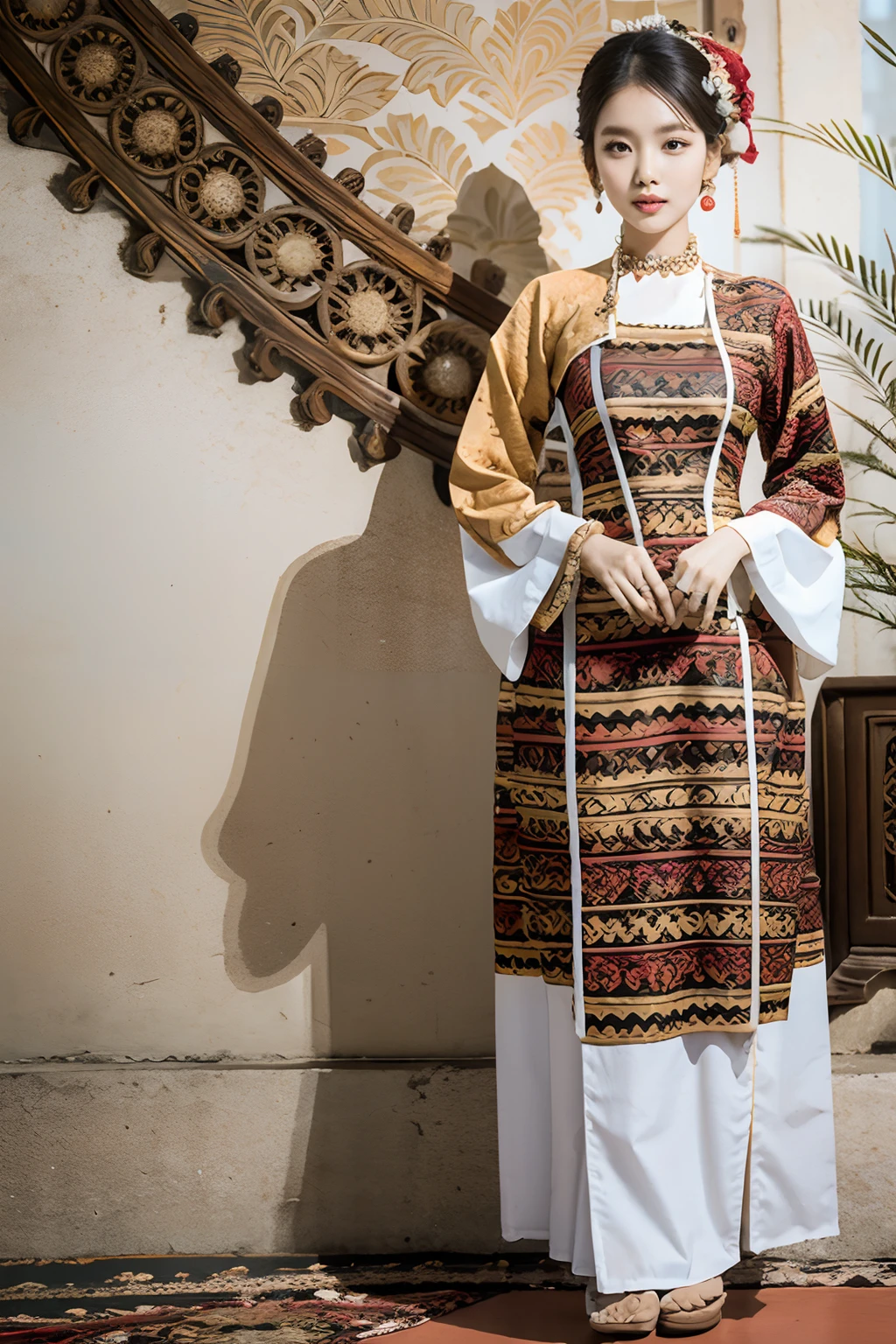 MMTD Burmese patterned traditional dress lady full body details