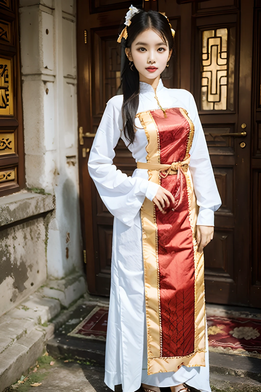 MMTD Burmese patterned traditional dress lady full body details