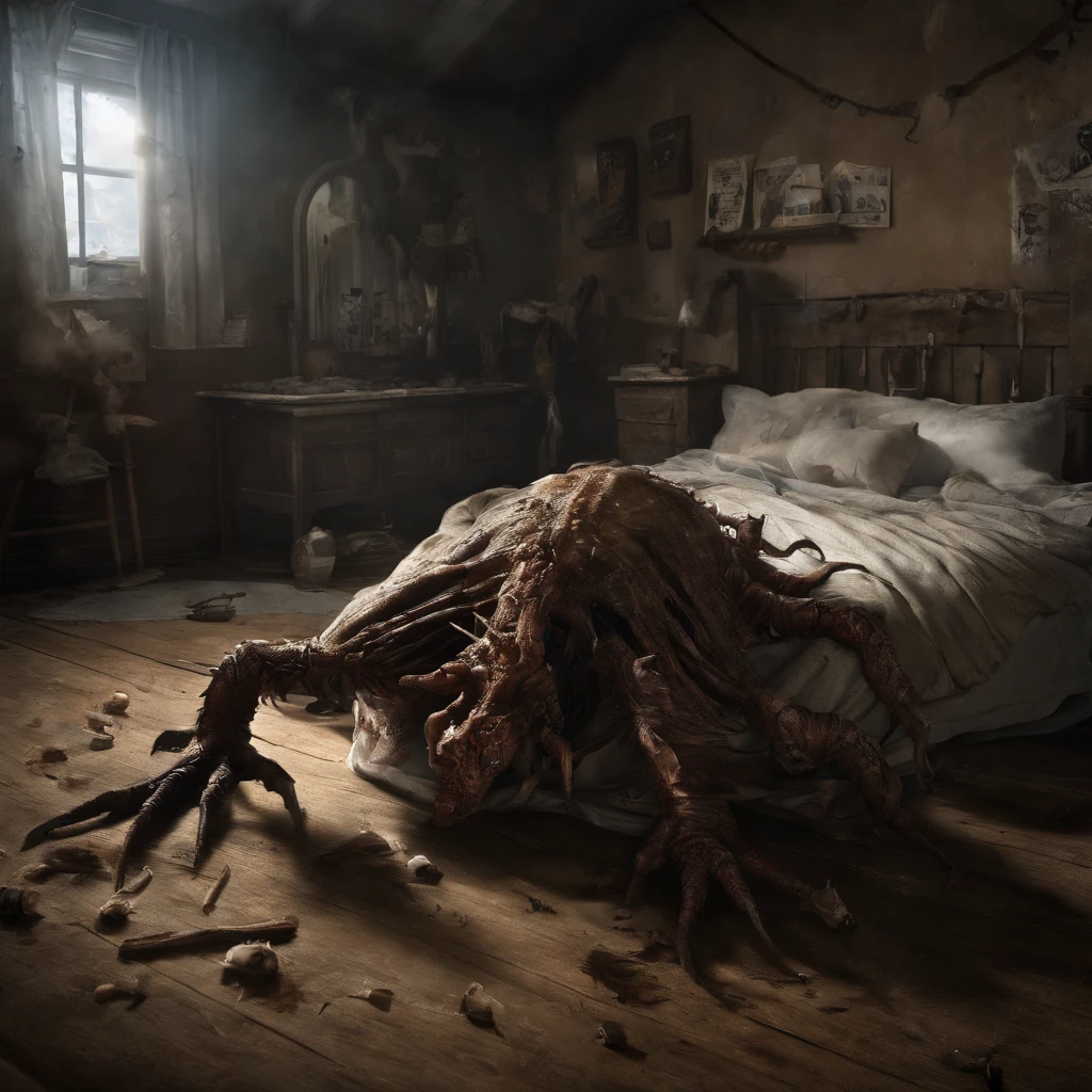 photographed, unknown creature, under the bed, horror vibe, detailed, best composition, dramatic lighting