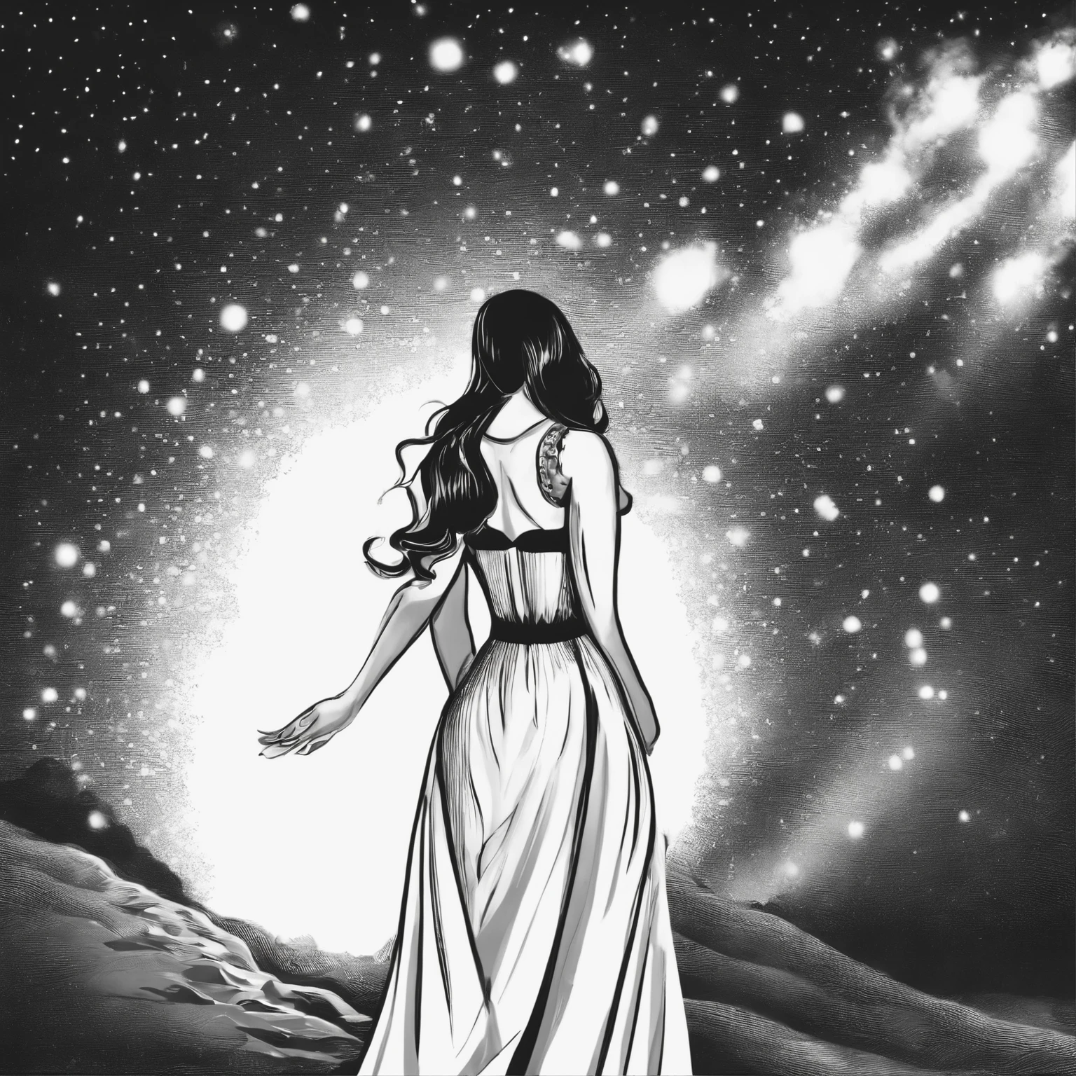 (best quality, master part), (1girl, sozinho,vestido marrom, expression face, Desviando o olhar, sentado, mangas largas, olhos negros, boca fechada, Ribbon-shaped fire on the head, cabelos longos, cowboy shot), (monocromatic, Night sky at cave entrance , luz subindo do fundo, dentro da Caverna, bright floating group of white particles, Burning fire at hand, Floating many small fires),