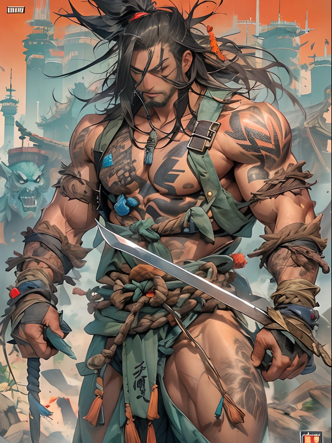 (((mtu))), (((best qualityer))), (((tmasterpiece))), (((AS-Adult))), ((( Japanese ))), Look up from your knees, Handsome Asian samurai,perfect body figure, Modern samurai, ((( Asian))), Wear gloves on your hands,The left arm is made of steel and metal tips,Made of protective devices, The eyes are pulled, (( Appears below the chest )), (( Small dental floss )), Simon Bisley, Almost naked(Simon Bisley)Castle City Wilderness,For high-resolution posters, hair straight, Minimum clothing, armure (Crazy clothes ), Full of tips and rivets, tribal tattoos, (((full bodyesbian))), Straight brunette hair,Colored hair ends