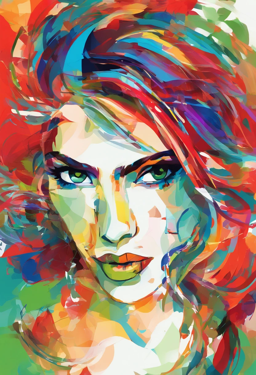 Retrato de uma mulher com roupa de moda da atualidade moderna, 3d aquarela abstrata,fundo escuro,high resolution,alta qualidade,colorido,verde,vermelho,azul