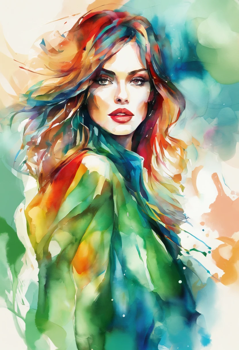 Retrato de uma mulher com roupa de moda da atualidade moderna, 3d aquarela abstrata,fundo escuro,high resolution,alta qualidade,colorido,verde,vermelho,azul