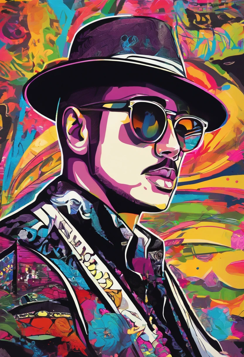 a painting of a man in black glasses wearing a hat, trending on art station, Dress with Gothic style clothes, detailed hyper-realistic rendering, Mafia gang member, estilo de rua, Pose intimidadora, roupas com moda, Samurai Urbano, miau, West Slavic features, 8 1 5, Animacoes