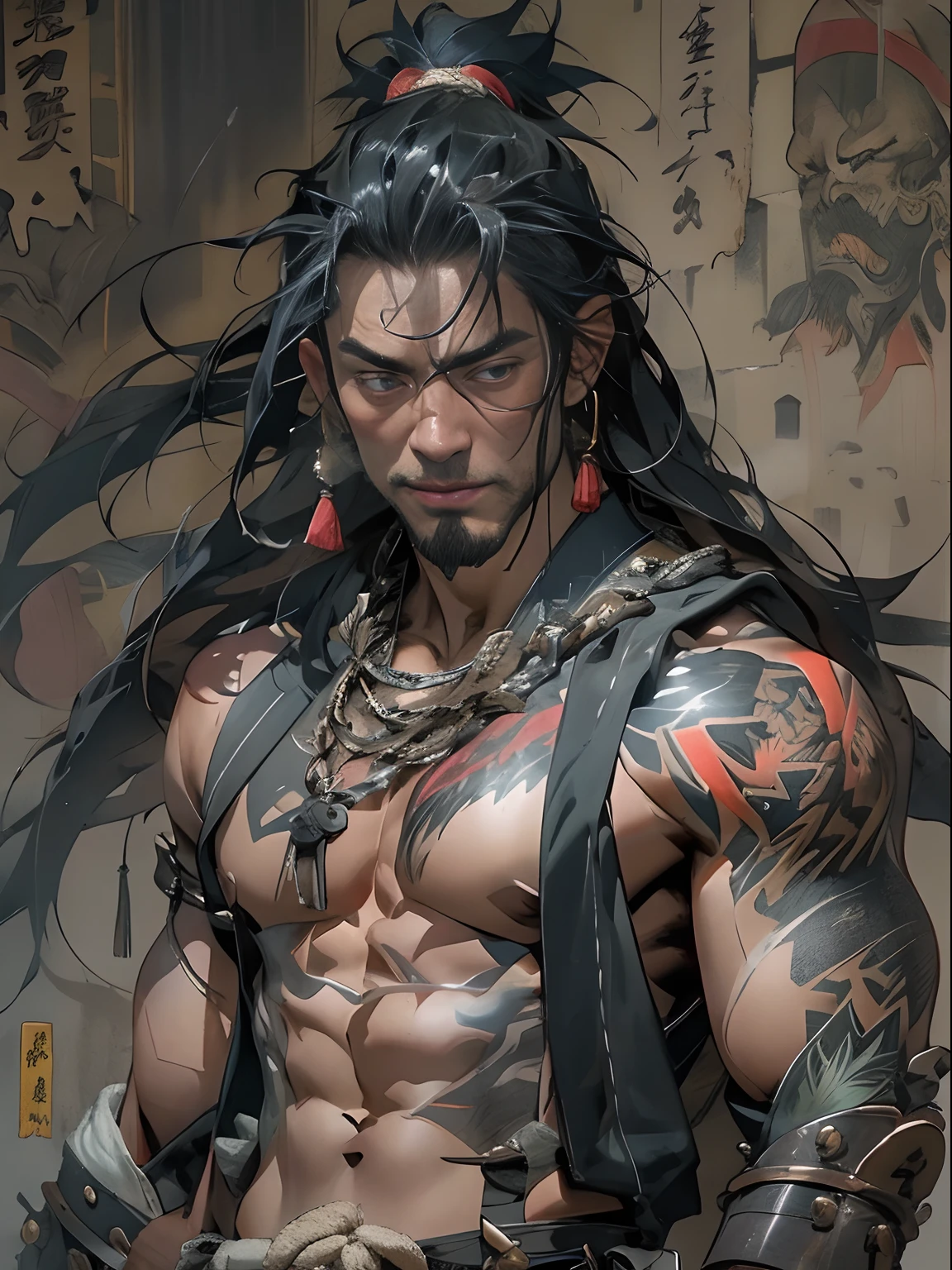 (((mtu))), (((best qualityer))), (((tmasterpiece))), (((AS-Adult))), ((( Japanese ))), Look up from your knees, Handsome Asian samurai,perfect body figure, Modern samurai, ((( Asian))), Wear gloves on your hands,The left arm is made of steel and metal tips,Made of protective devices, The eyes are pulled, (( Appears below the chest )), (( Small dental floss )), Simon Bisley, Almost naked(Simon Bisley)Castle City Wilderness,For high-resolution posters, hair straight, Minimum clothing, armure (Crazy clothes ), Full of tips and rivets, tribal tattoos, (((full bodyesbian))), Straight brunette hair,Colored hair ends