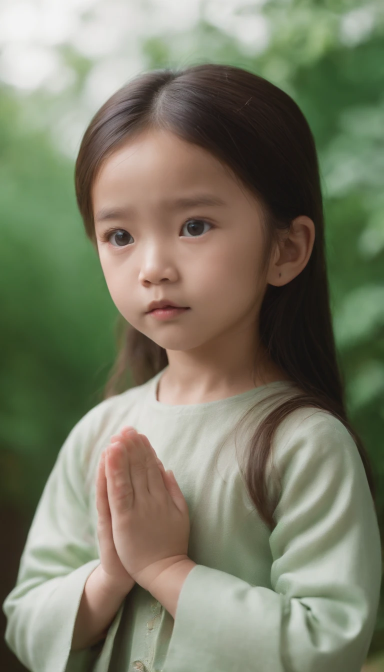 Child, praying, looking at you, fingers not touching chin, hands below the face, standing in front of a flat, green screen, in the style of kawaii aesthetic, Asian-inspired, vibrant, (far close-up)