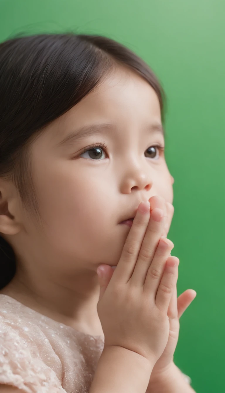 , praying, looking at you, fingers not touching chin, hands below the face, standing in front of a flat, green screen, in the style of kawaii aesthetic, Asian-inspired, vibrant, (far close-up)