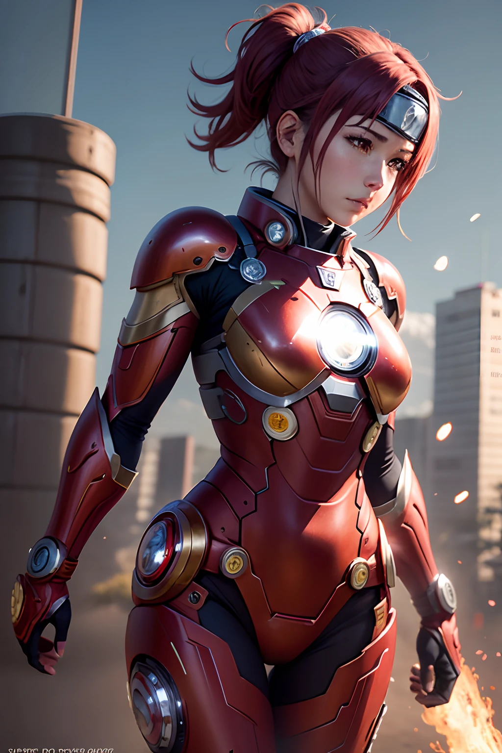 sakura (naruto) as ironman, full body, solo, female, beauty realistic, detailed, perfect lighting, perfect shadow, perfect body, perfect picture, Super High Resolution, (Realism: 1.4), Original Photo, Best Quality, Masterpiece, Cinematic Experience