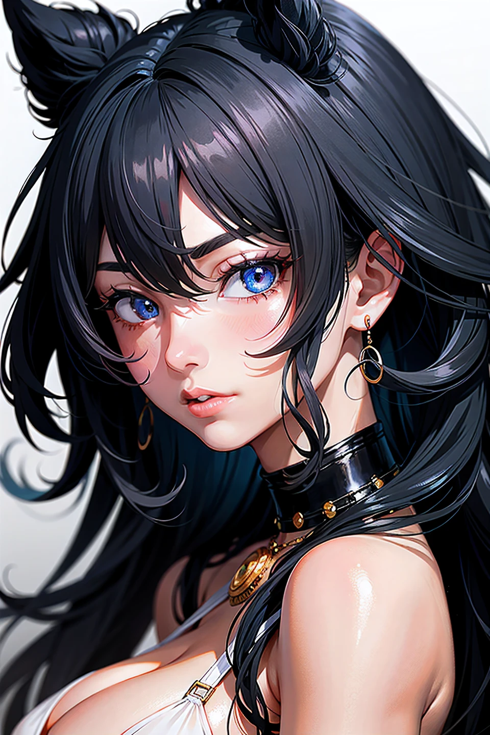 Black hair, anime big breast, Guibli, Anime style, Close up, From the side Side, First-person perspective, 8K, Super detail, Masterpiece,Super detail, High quality, high resolution, High detail, White background, detail in face, blissful, Curly hair, Blue eyes