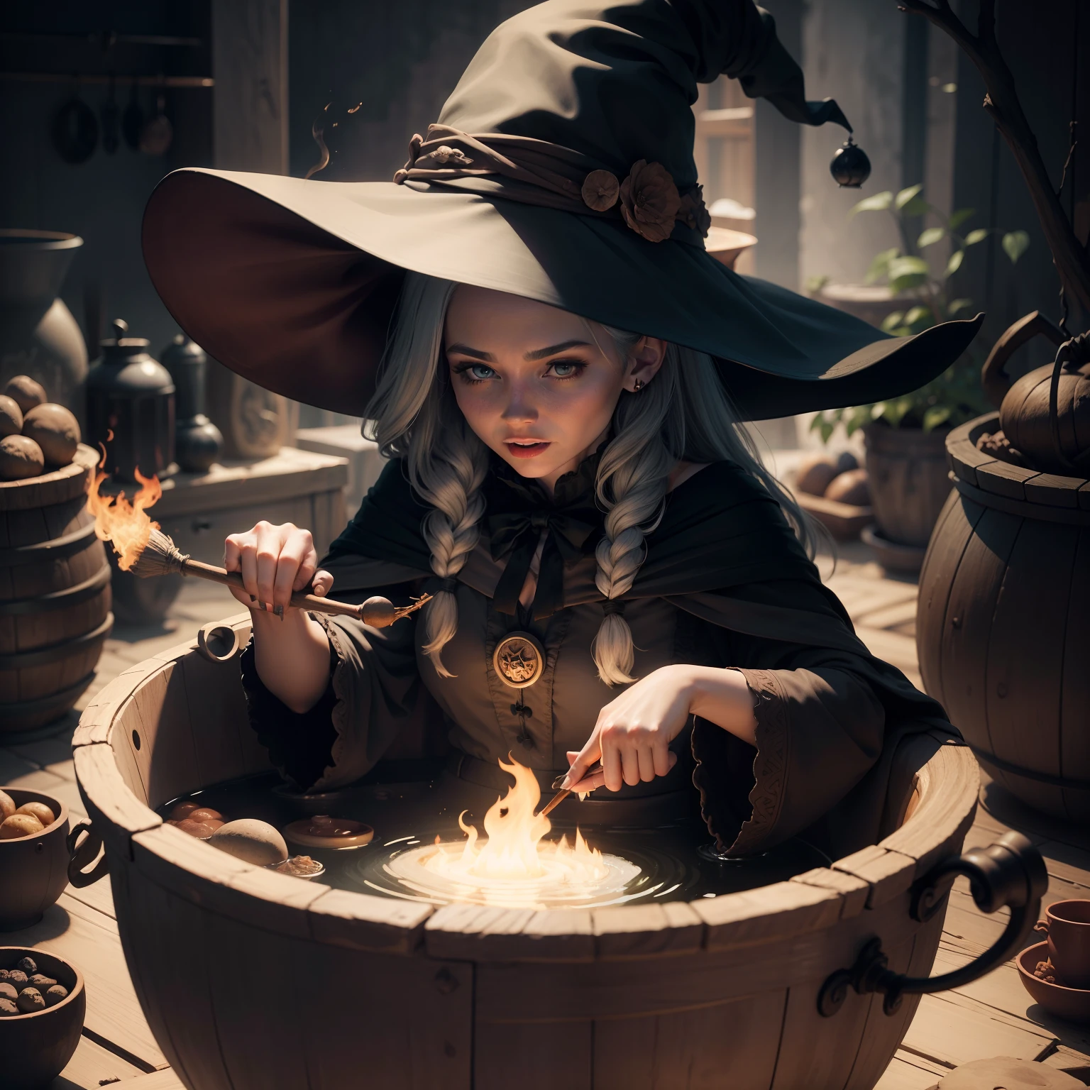 Witch doing magic in a cauldron