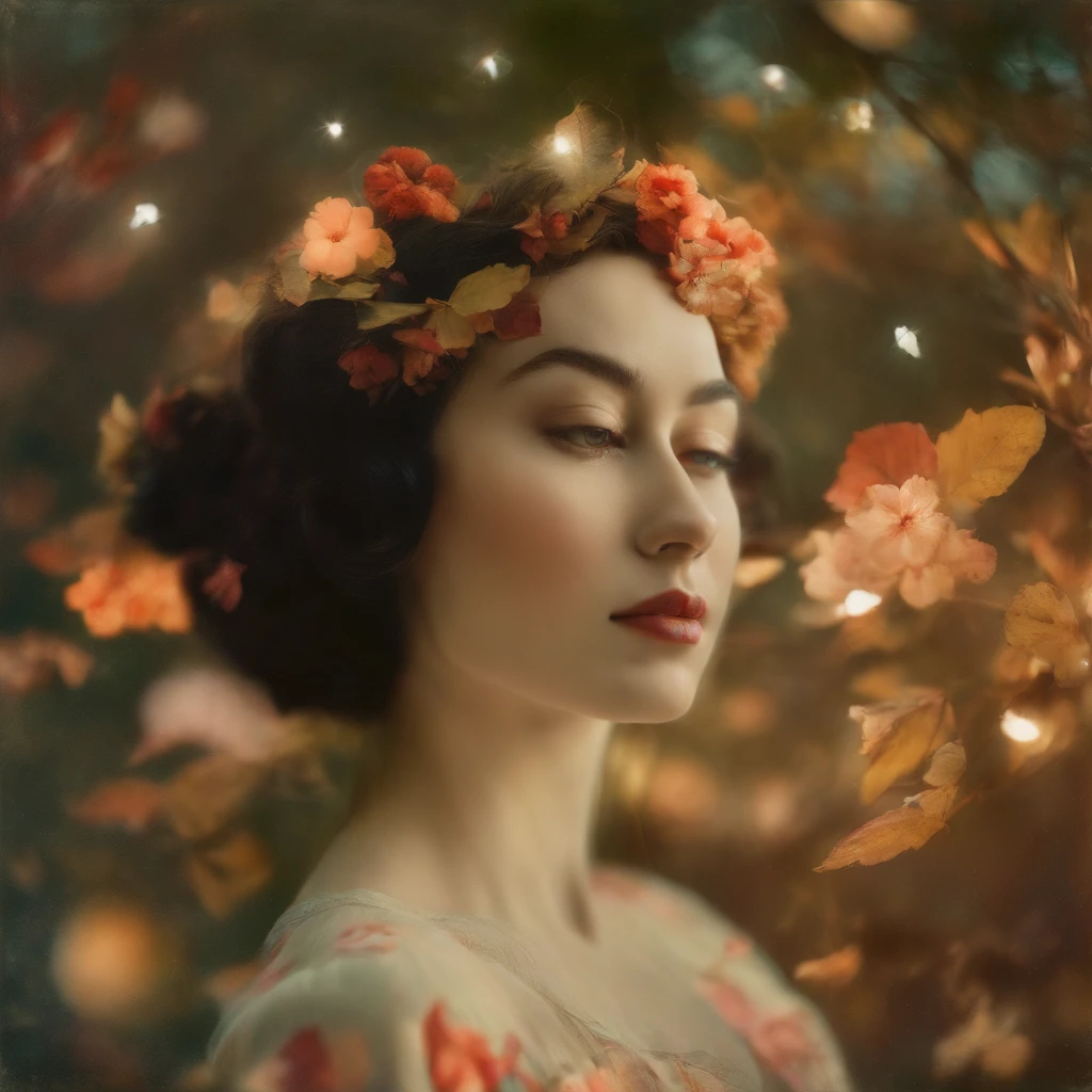 Art by Mary Blair, Christoffer Relander, Wassily Kandinsky, Coby Whitmore.
Nighttime, colorful smiling portrait, double exposure effect, harlequin, very beautiful, adorable, fairytale, Wonderland, 1920s vintage, pop surrealism, bioluminescence, fairy dust, sakura forest, delicate.