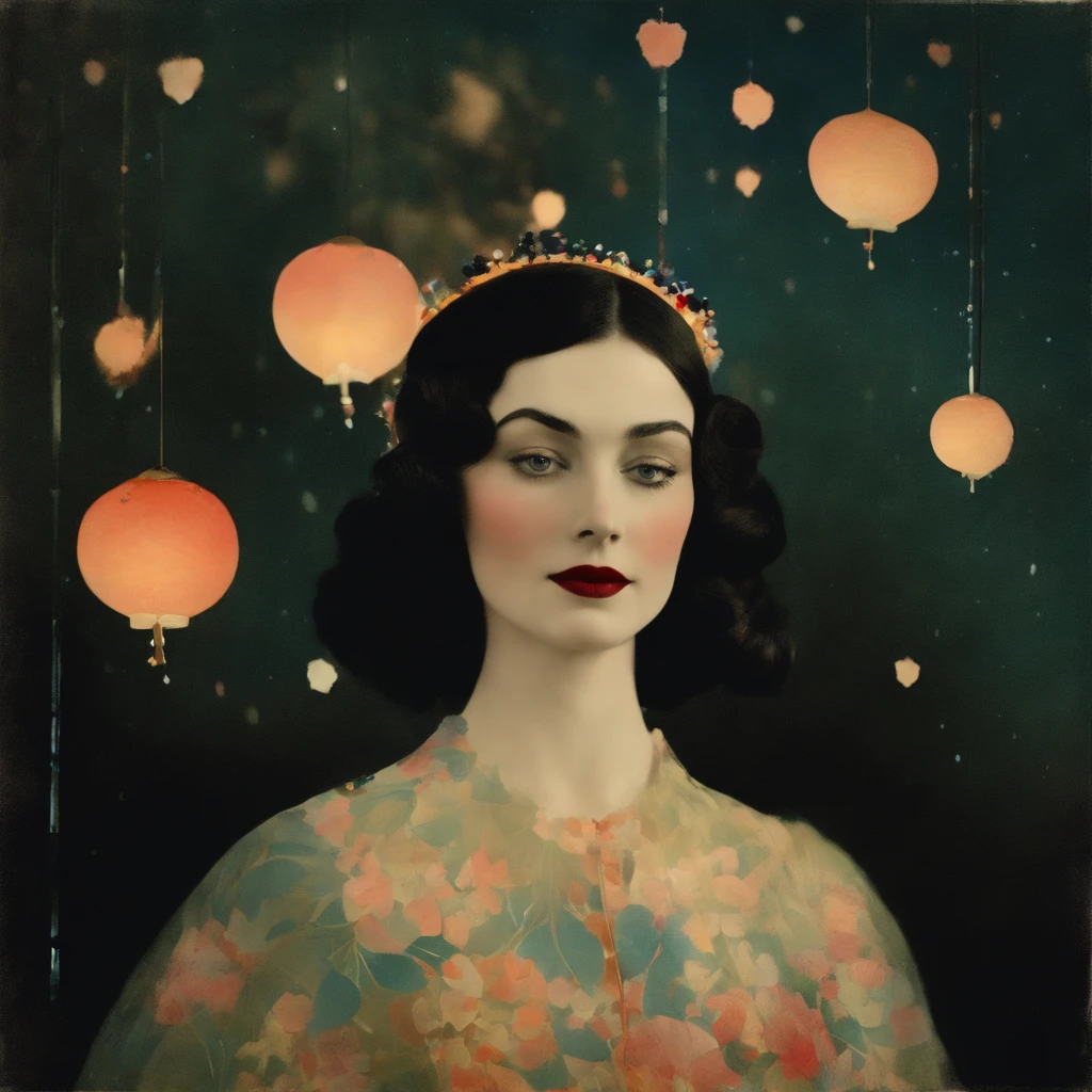 Art by Mary Blair, Christoffer Relander, Wassily Kandinsky, Coby Whitmore.

Nighttime, colorful smiling portrait, double exposure effect, harlequin, very beautiful, adorable, fairytale, Wonderland, 1920s vintage, pop surrealism, bioluminescence, fairy dust, sakura forest, delicate.