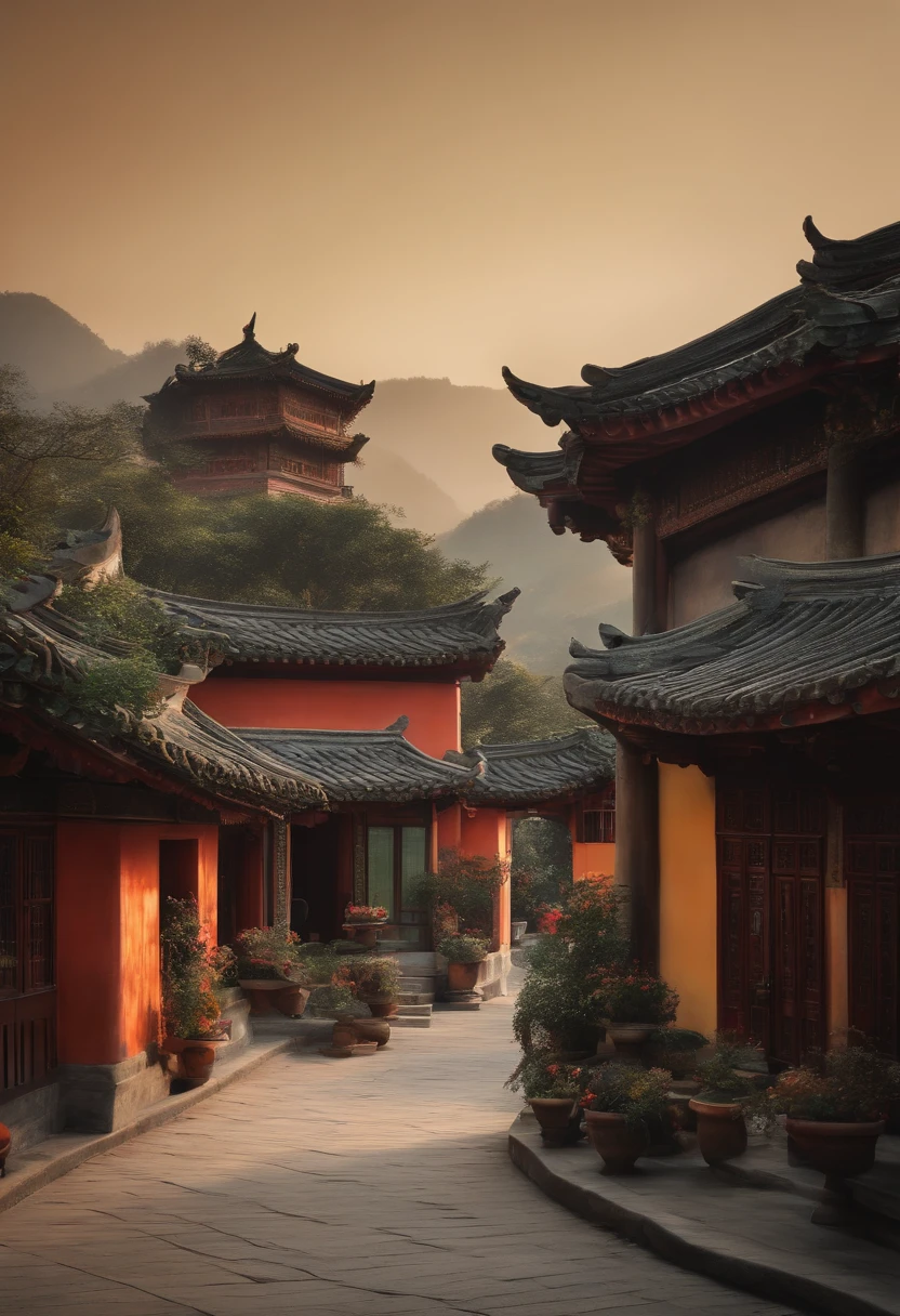 Buildings of the future、Faraway view、the setting sun、ruins、the fire、evening glow、karo、fumo、hightquality、suns、stele、a moon、early evening、fumo、Plume、建筑、mirai、near future、SF、8k、high-level image quality、foggy、mirai、near future、云、Ephemeral、Contre-Jour、suns、A wide landscape、There are no people