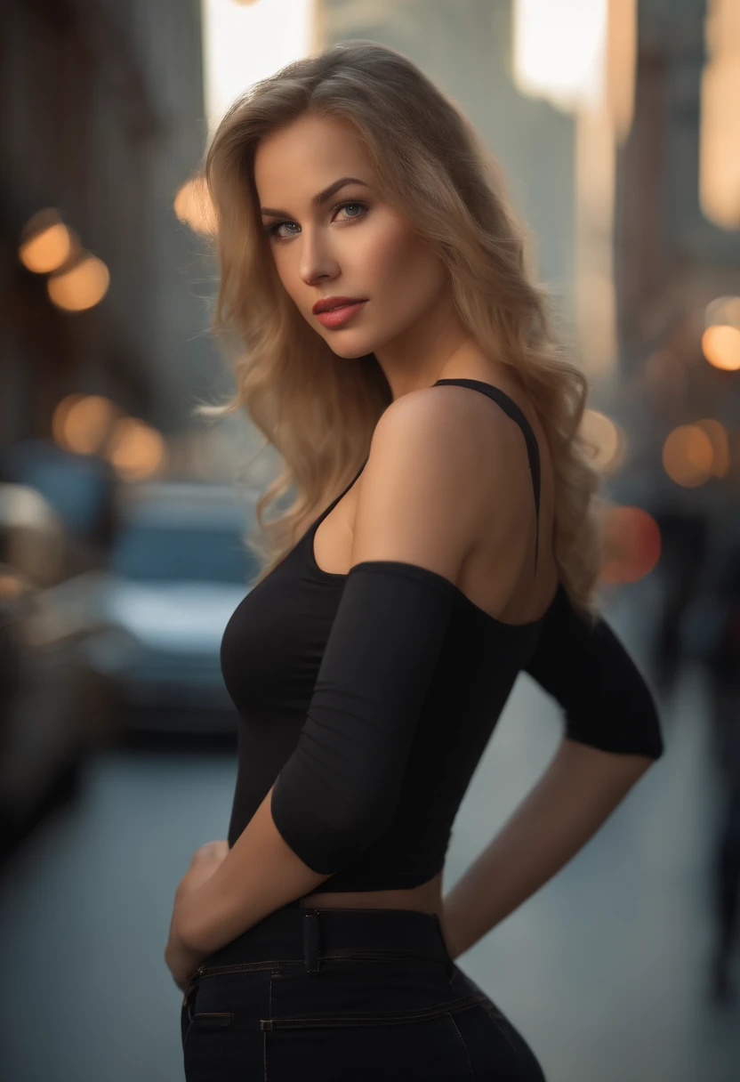 professional, (4k photo:1.1) by (Jeremy Lipking:0.3), (Dittmann Anna:0.3), (Arian Mark:0.3), (Sharp focus:1.3), high detail, wearing (tight shirt:1.2), beautiful detailed face, hazel eyes, long blonde hair, (attractive young woman:1.3), (seductive:1.1), (blushing:1.1), hourglass body shape, large round breasts, wide hips, in background city
