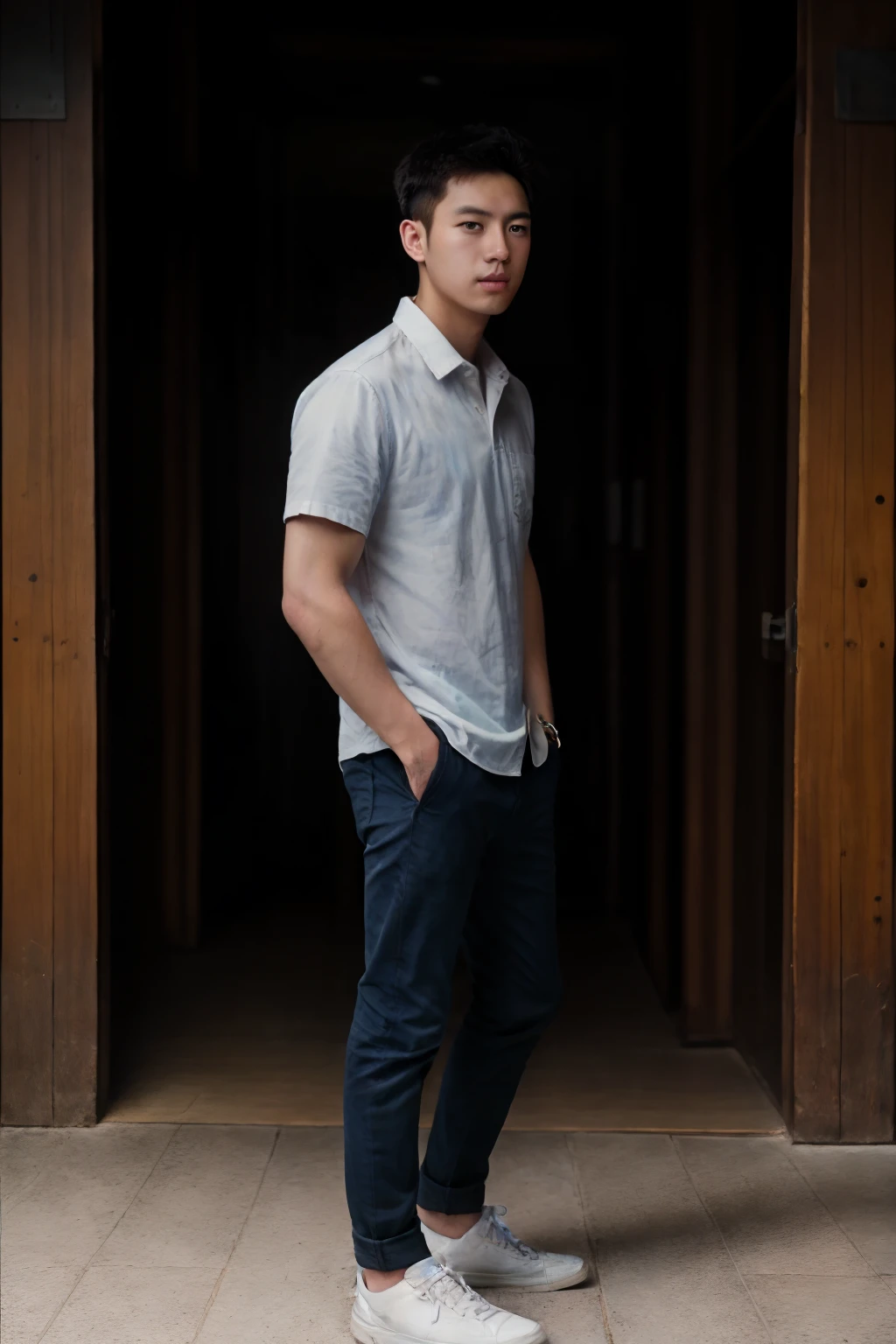 1man,
a 18 y.o strong male wearing blue white shirt , wearing shoes, full body,
soft lighting, korean, designer,
masterpiece, best quality, 8k uhd, dslr, film grain, Fujifilm XT3 photorealistic painting art by midjourney and greg rutkowski