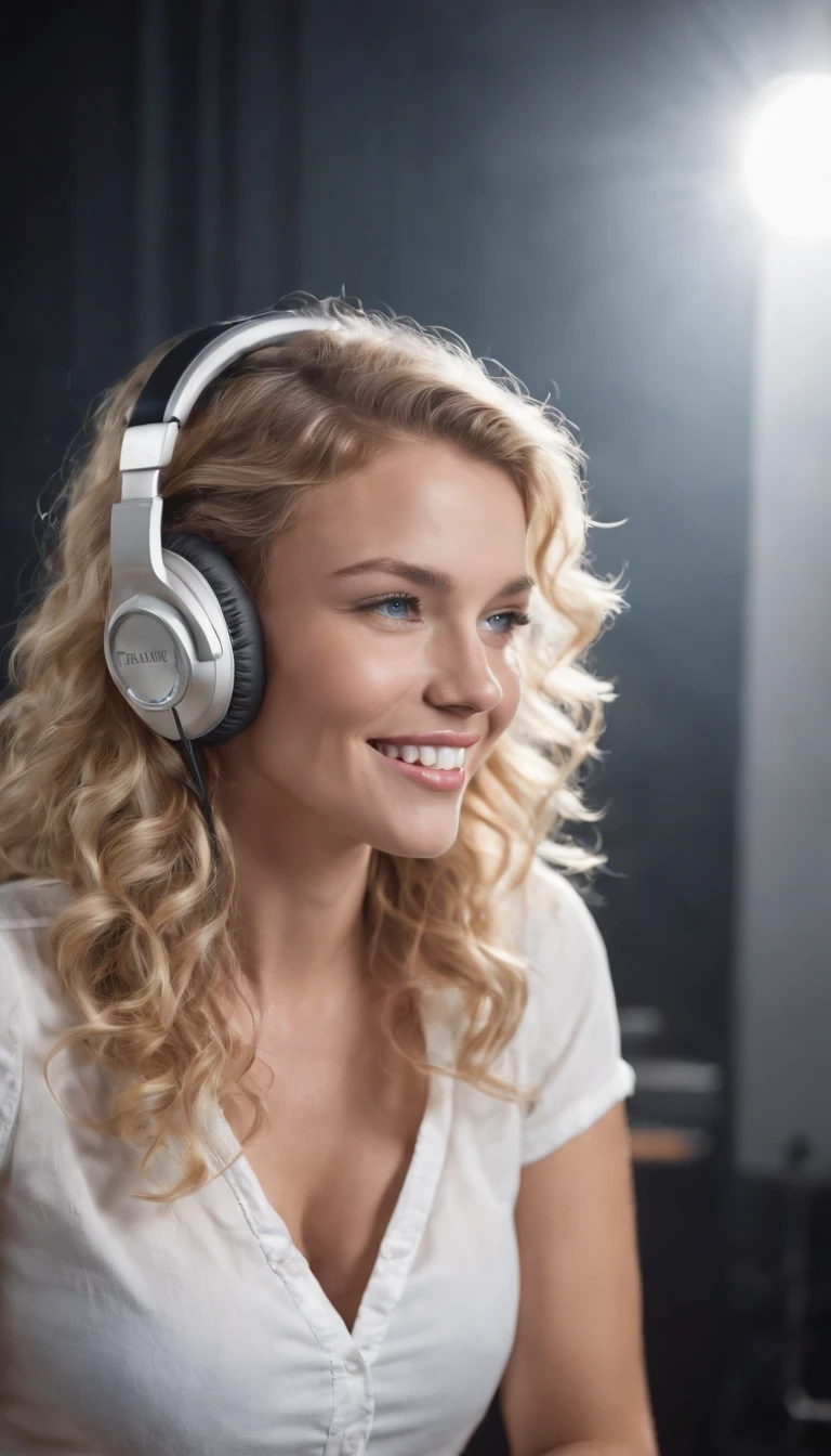 a beautiful blonde woman with curly hair, blue eyes, tanned skin, white shirt and jeans shorts, full body, wearing headphones, singing into a microphone, eyes closed, inside a relatively dark music studio, big smile teeth shown