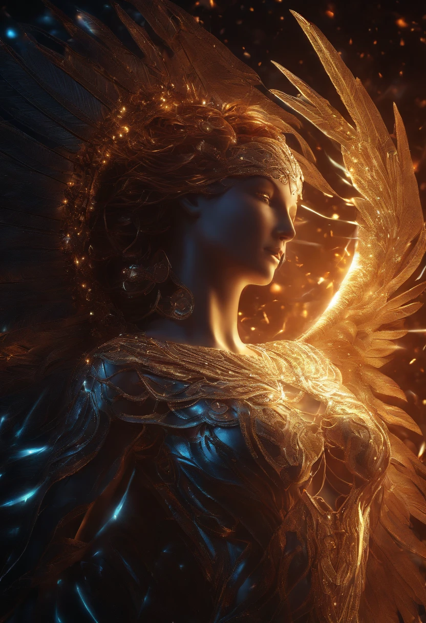 cosmic fallen angel, olhos claros brilhantes, Biomechanicals, estranho, assustador, Pesadelo, cores muito brilhantes, light particles, com luz brilhante, Mshiff, Arte do papel de parede, Papel de parede UHD