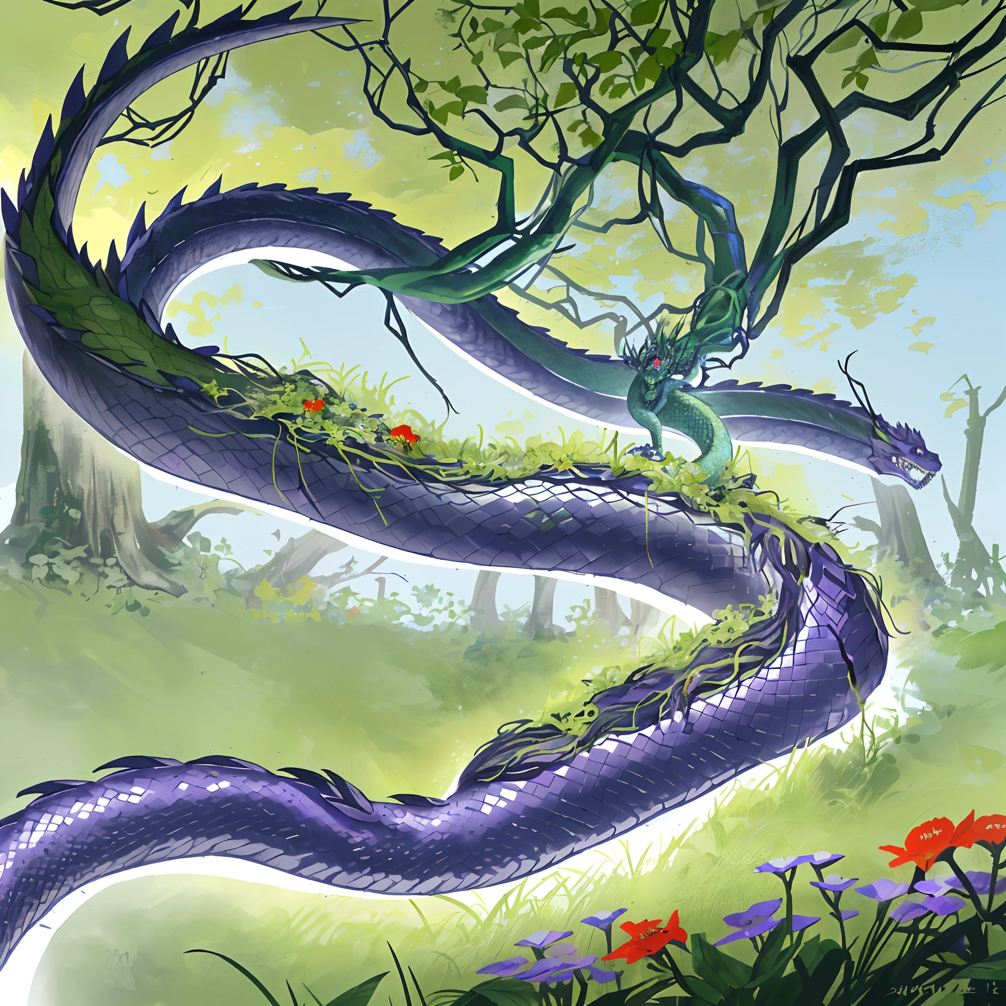 (A long snake dragon with natural elements on its body:1.3),(The back is covered with green grass and colorful wildflowers:1.3),(A purple spore mist surrounds the body:1.2),(There are layered bone carapaces，Protects the soft tissues of the body:1.3),(//Poor green skin,Off-white flesh and blood:1.3//),It's a huge monster,(Inspiration refers to the ultimate life force of life force,Crazy growing vines and huge carnivorous plants),Occupy the center of the picture,Break!,Shady woods,Parasitic plants climb up tree trunks,Darker tones,Hang the vine on the branch,