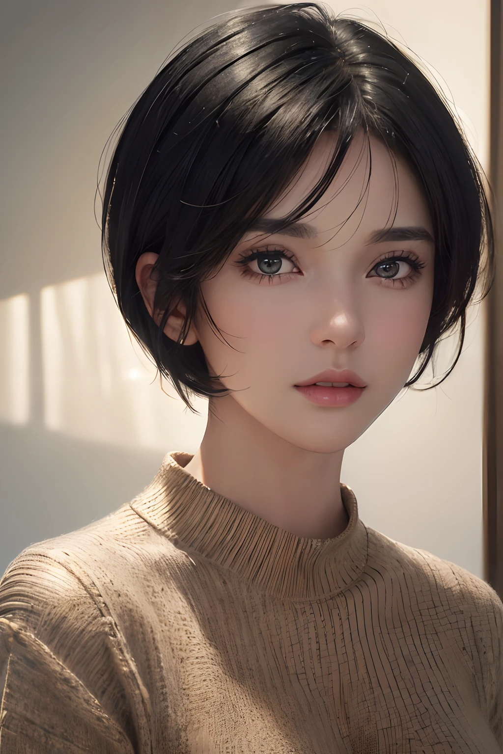 (masterpiece:1.3), (8k, photorealistic, RAW photo, best quality: 1.4), (1girl), beautiful face, (realistic face), (black hair, short hair:1.3), beautiful hairstyle, realistic eyes, beautiful detailed eyes, (realistic skin), beautiful skin, (sweater), absurdres, attractive, ultra high res, ultra realistic, highly detailed, golden ratio