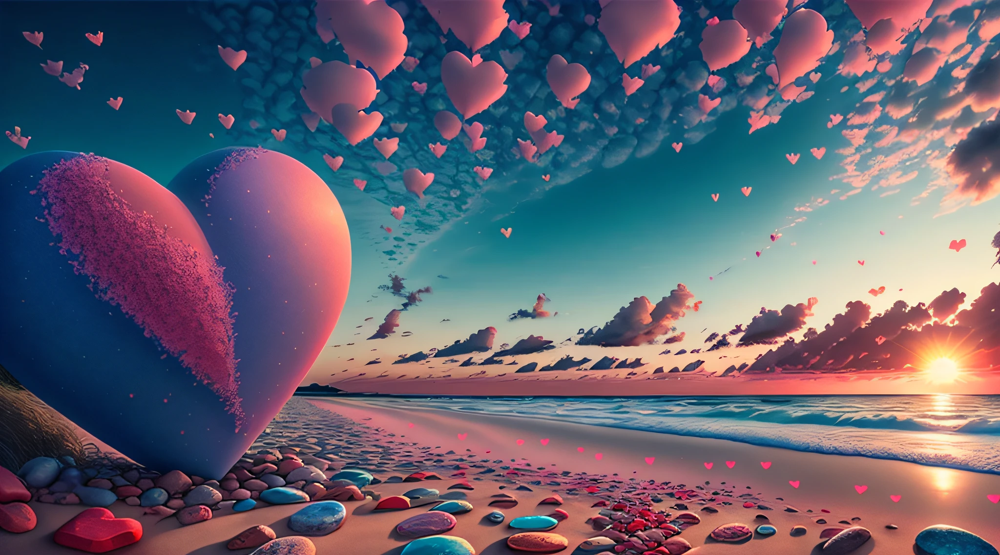 Exquisite scenes,depth of fields,8K,Blue sky,Red clouds,The sun shines on the beach,There are many small colorful stones on the beach,Heart of Love