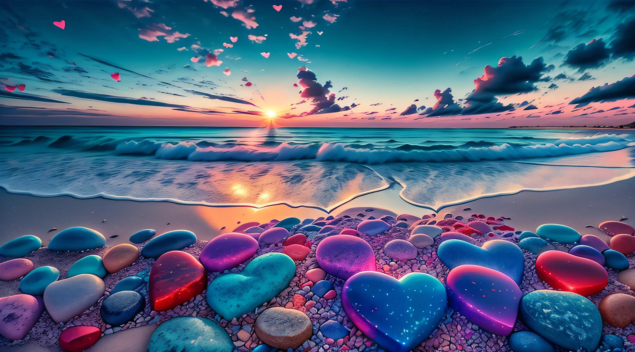 Exquisite scenes,depth of fields,8K,Blue sky,Red clouds,The sun shines on the beach,There are many small colorful stones on the beach,Heart of Love