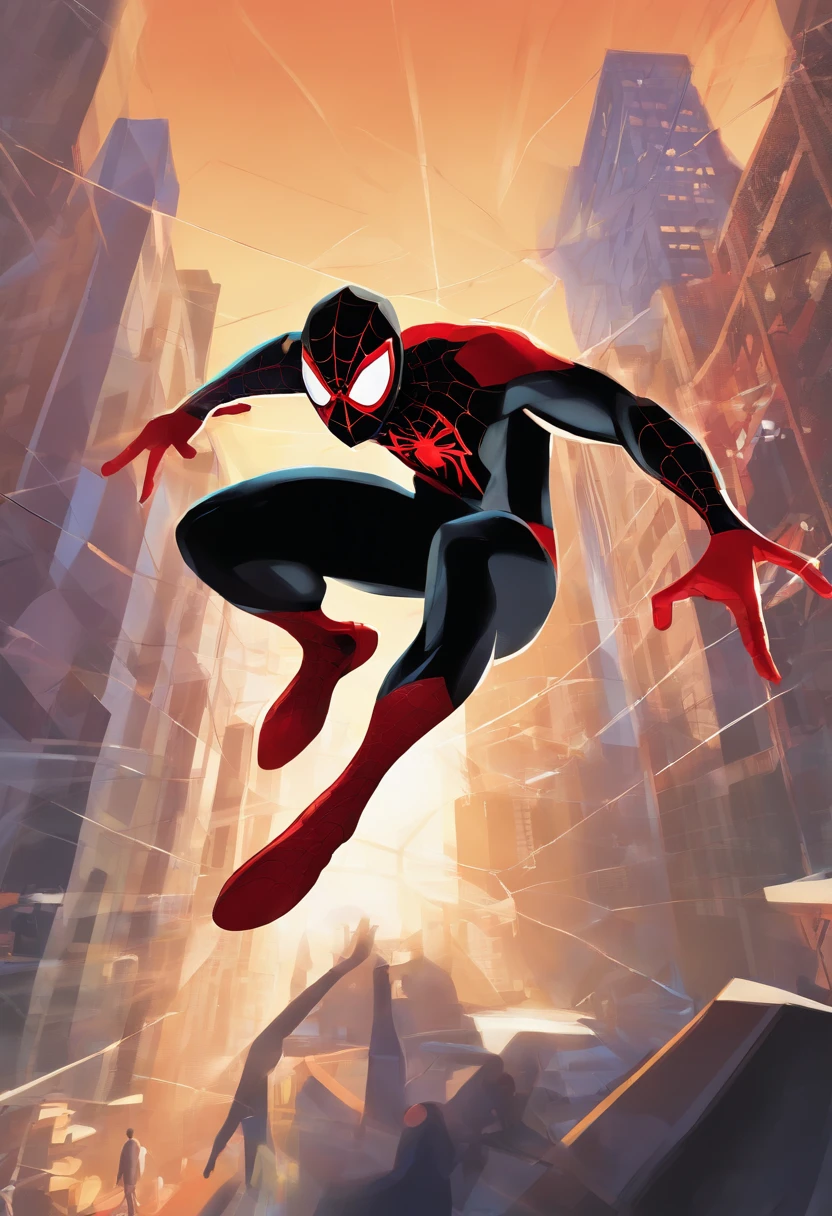 An abstract and dynamic representation of Miles Morales swinging through a multi-dimensional Spider-Verse with mask of his," "Artistic Image, Abstract, Miles Morales, Spider-Verse, Dynamic, Multi-Dimensional, Art Inspiration: Cubism, Camera Shot: Medium Shot, Camera Lens: Wide Angle, View: High Angle, Lighting: Neon Lighting, Render: Abstract Expressionism", High Resolution: 4K White Background
