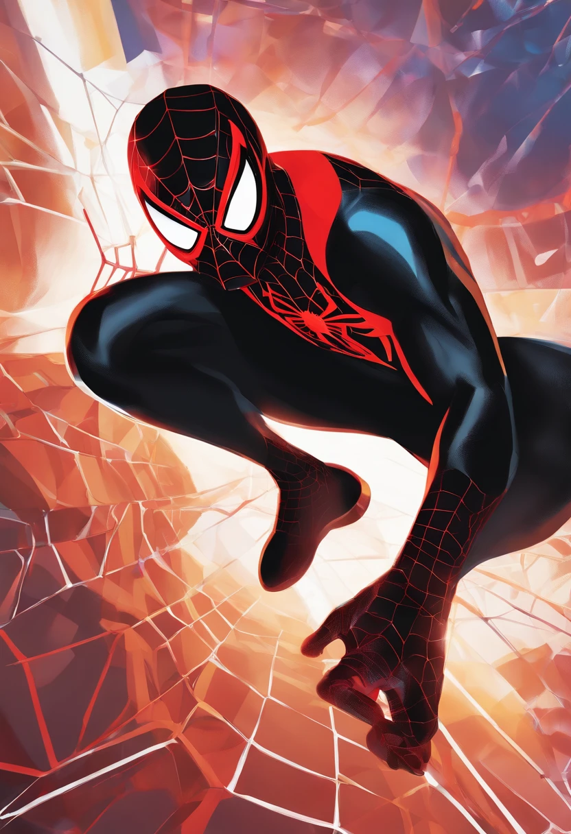 An abstract and dynamic representation of Miles Morales swinging through a multi-dimensional Spider-Verse with mask of his," "Artistic Image, Abstract, Miles Morales, Spider-Verse, Dynamic, Multi-Dimensional, Art Inspiration: Cubism, Camera Shot: Medium Shot, Camera Lens: Wide Angle, View: High Angle, Lighting: Neon Lighting, Render: Abstract Expressionism", High Resolution: 4K White Background
