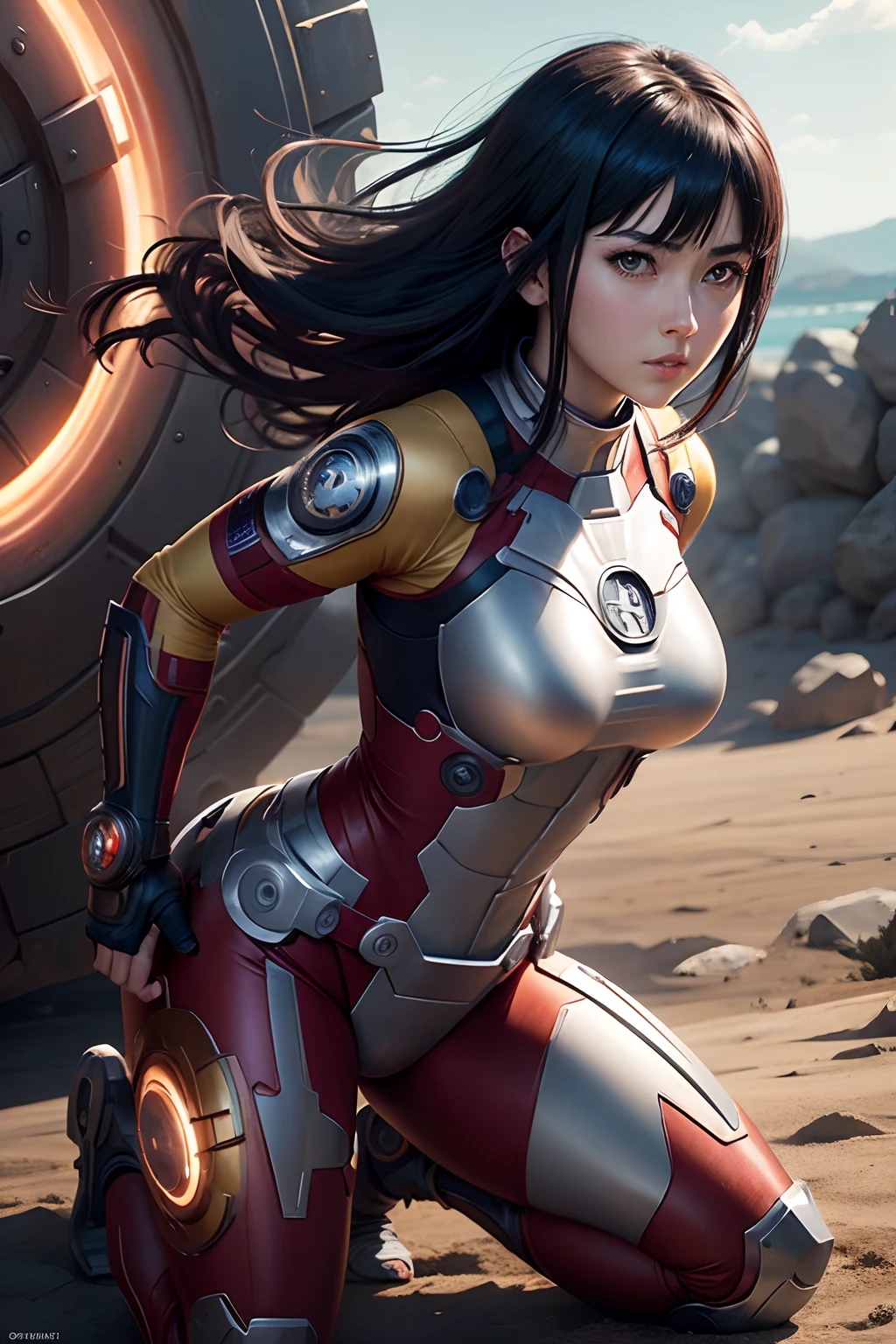 hinata hyuga (naruto) as ironman, full body, solo, female, beauty realistic, detailed, perfect lighting, perfect shadow, perfect body, perfect picture, Super High Resolution, (Realism: 1.4), Original Photo, Best Quality, Masterpiece, Cinematic Experience