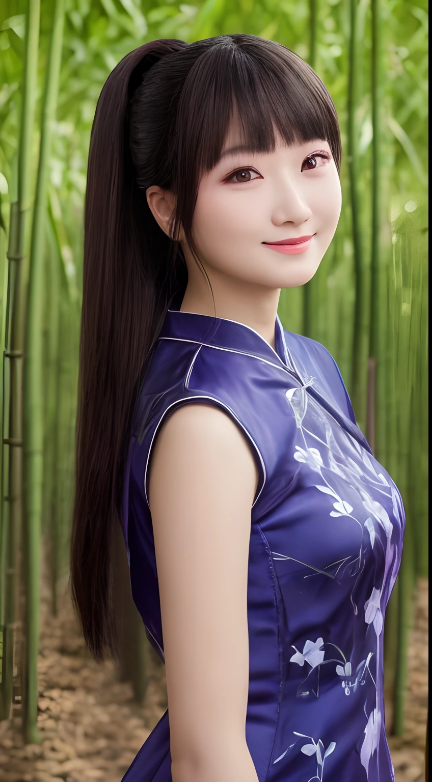 A smiling girl,Wear a cheongsam,ponytail haircut,Standing in a bamboo forest,com rosto detalhado,The eyes are delicate,Perfect hands,The photo quality is the best,Realistic image quality,Background diffuse lighting,Depth of field display。