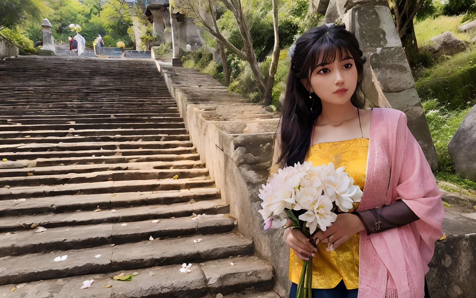 there is a woman holding a bunch of flowers in front of a stone staircase, with flowers, sitting on temple stairs, in front of a temple, standing in a hindu kovil, beautiful surroundings, in front of the temple, carrying flowers, in a temple, gigantic pillars and flowers, at an ancient city, sharandula, connected with hanging bridge!! Anime photo