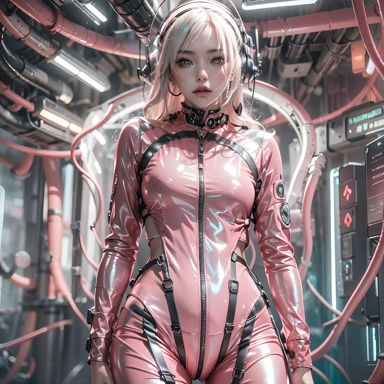 1girll,Perfect facial features,delicated face,(((Clean face))),(cyber punk perssonage:1.3),Bring headphones,shelmet,jewely,eardrop,choker necklace,inside in room,Electronic wire background,best qualtiy,tmasterpiece,Movie filter presets,movie level lighting,c4d渲染,rendering by octane,with light glowing,High chiaroscuro,(RAW photo:1.2),Pink latex jumpsuit,Hollow-out on,Holt collar, latex shiny,tight-fitting,sweat leggs,White liquid, Pink body, wearing atsuko kudo latex outfit, wearing tight suit, Smooth pink skin, catsuits, Wearing latex, shiny plastic, shiny metallic glossy skin, The color of pink glow, latex outfit, chrome bodysuit, cyberpunk glossy latex suit, Shiny, futuristic glossy latex suit spread their legs M-shaped legs angry look sullenness Irritated,white liquid all over body,