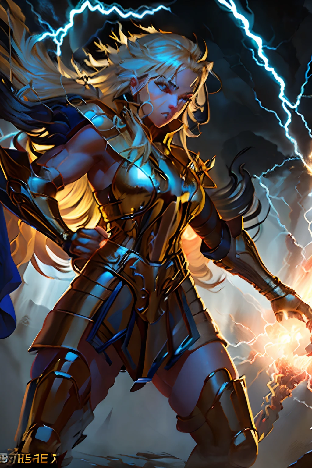 (1girl:1.3), (photorealistic:1.4),((The Devil of the Lord's Thunder)), ((The Lord's lightning demon)), (Swirling Thunder and lightning), (masterpiece, top quality, best quality, official art),fullbody armor,lightning around,powers,thunder,energy, extreme detailed, highest detailed, (ultra-detailed), ((an extremely delicate and beautiful)),blonde girl, Beautiful blonde woman, a beautiful blonde, Blonde beautiful young woman,big, muscular, extremely defined body,woman in medieval armor, she is dirty because she was in battle and now she has the sword pressed against her forehead and is resting,A female knight,(medieval armor), metal reflections, full of lightning, glowing black aura, evil aura,lightning, cinematic light, contemporary,extra very long hair,12 meters long hair,(wavy hair:0.7),