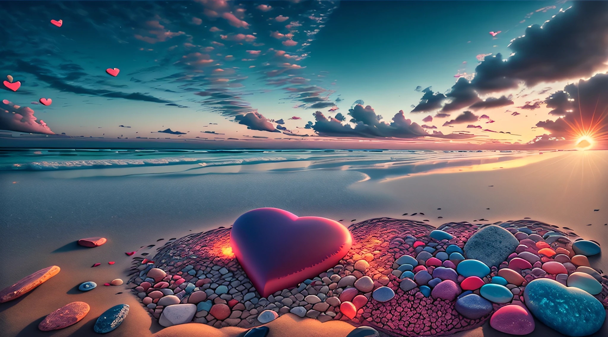 Exquisite scenes,depth of fields,8K,Blue sky,Red clouds,The sun shines on the beach,There are many small colorful stones on the beach,Heart of Love