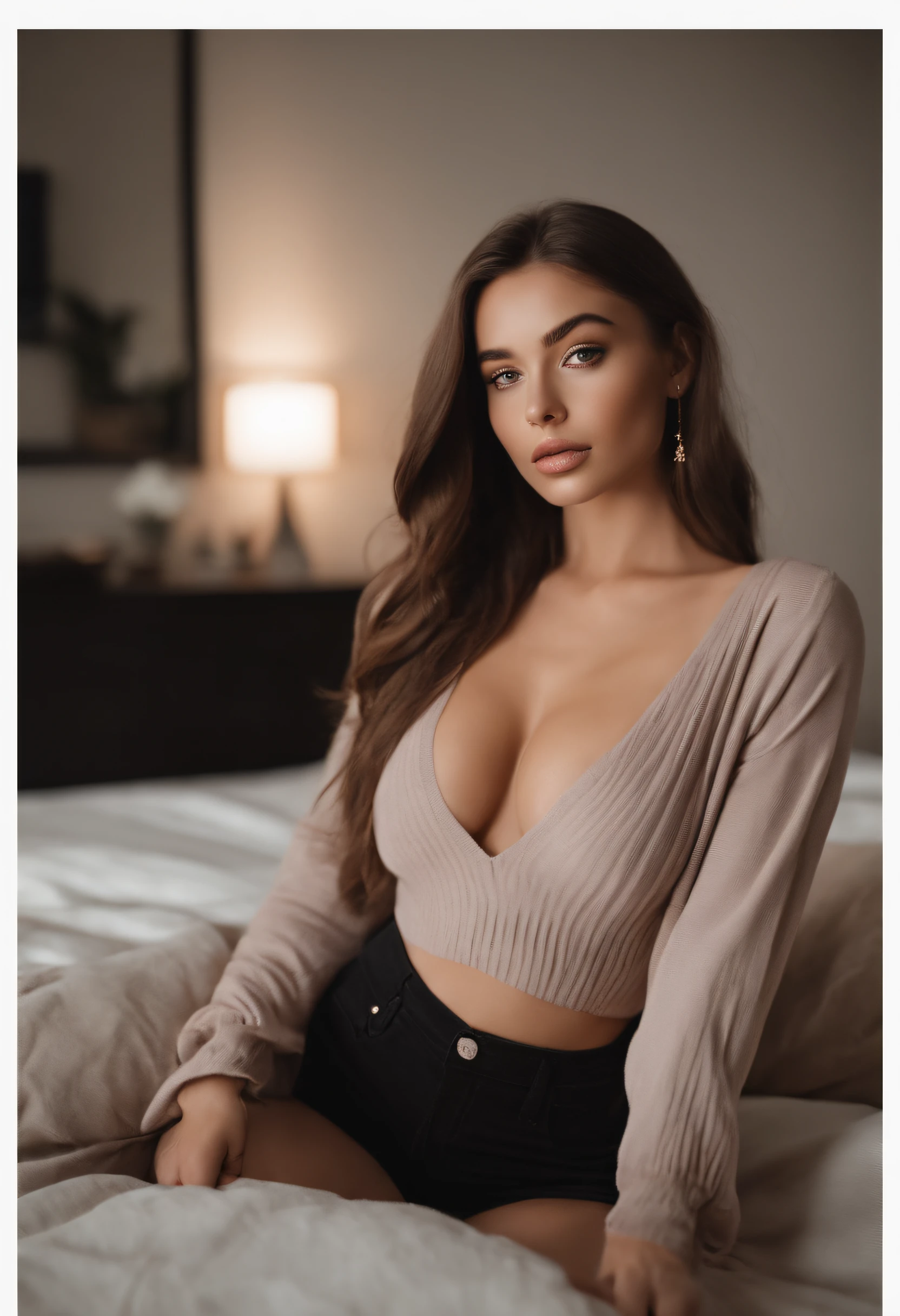 arafed woman with black clothes, sexy girl with brown eyes, portrait sophie mudd, brown hair and large eyes, selfie of a young woman, bedroom eyes, violet myers, without makeup, natural makeup, looking directly at the camera, face with artgram, subtle makeup, stunning full body shot, bed, with pillows, cleavage