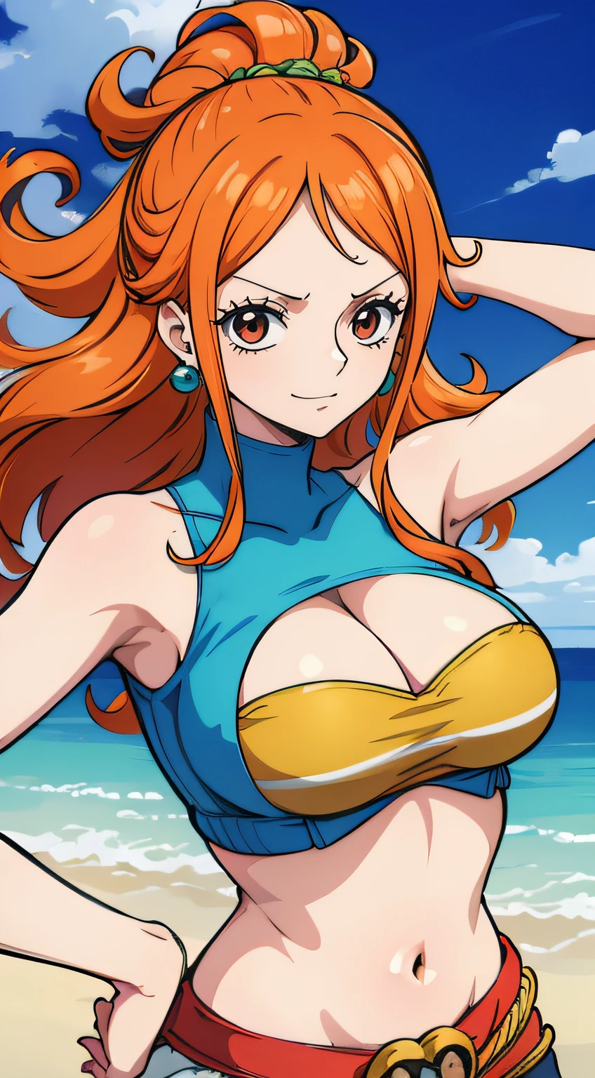 Generar una imagen realista de estilo anime de Nami de One Piece. Captura su apariencia distintiva con cabello naranja, una camisa, and a cheerful expression. Make sure the picture reflects your adventurous and confident personality as shown in the anime.., cuerpo completo, Plano amplio , NSFW, Curvy athletic body, Antecedentes de la isla,top de sujetador, falda, ojos naranjas, ojos naranjas, armpits, barriga, breasts